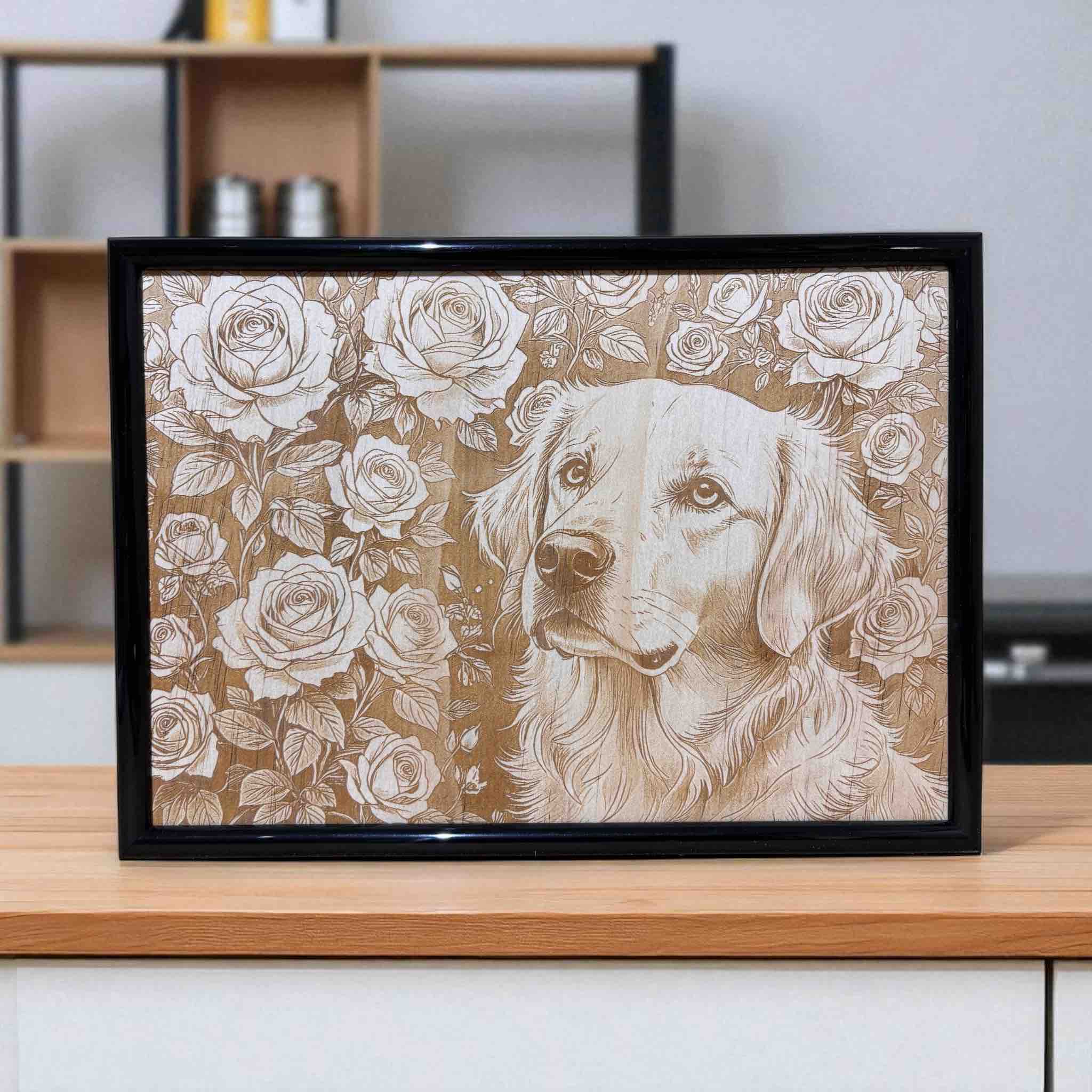 Golden retriever with roses wood engraved art framed decor by Laser Design Creations
