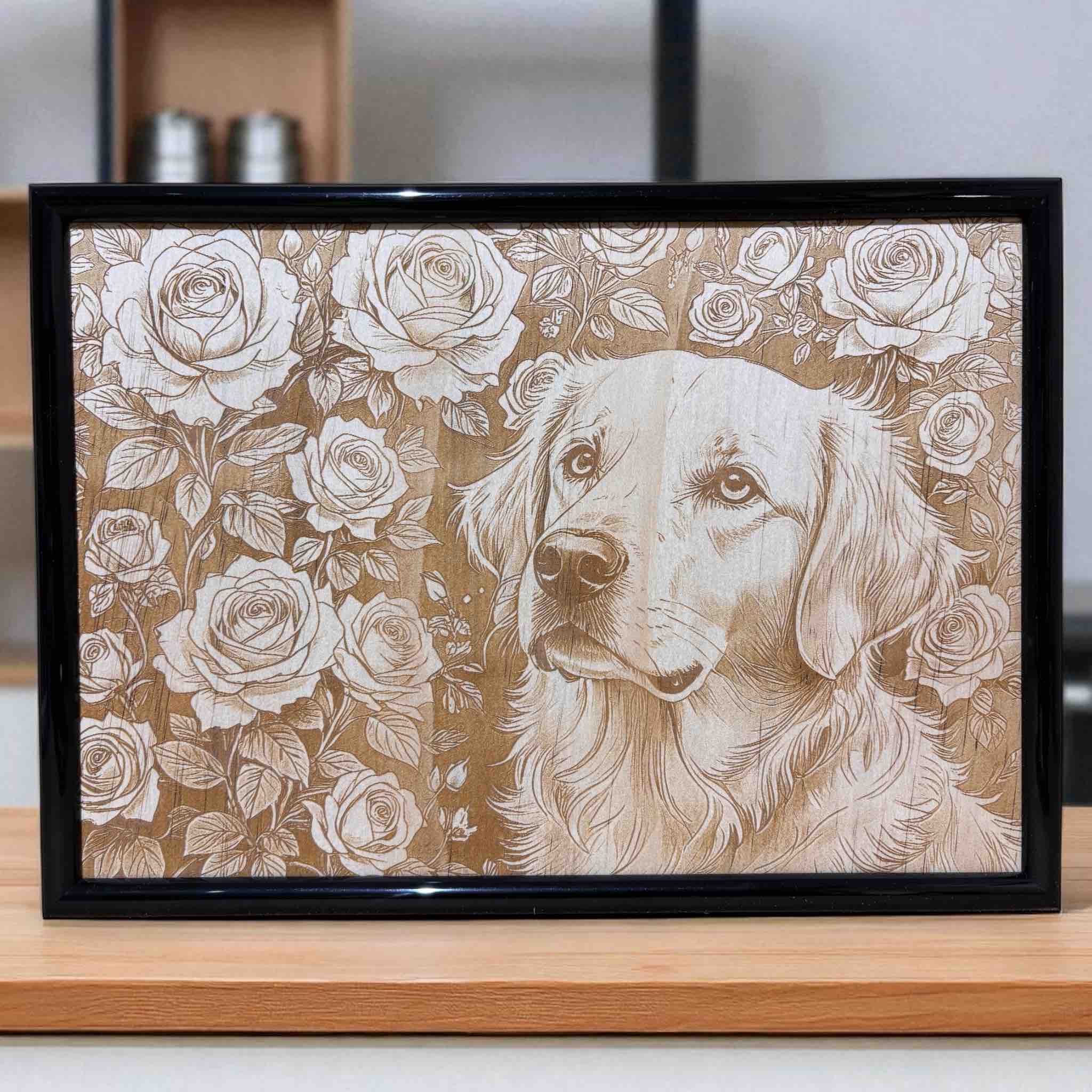 Lifestyle photo of golden retriever and roses wood engraved art framed decor by Laser Design Creations