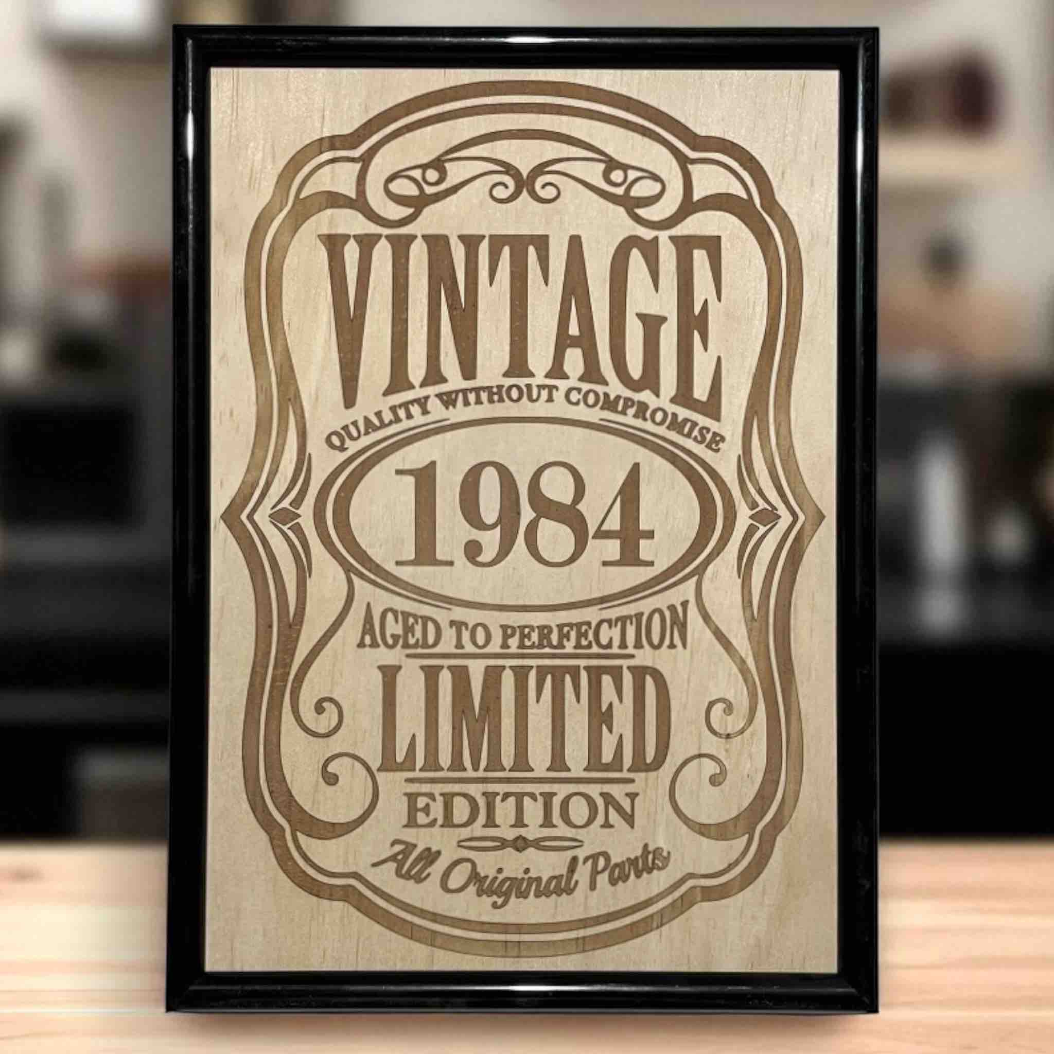 Personalised vintage year wood engraved art in black frame, gift decor by Laser Design Creations, Australia.