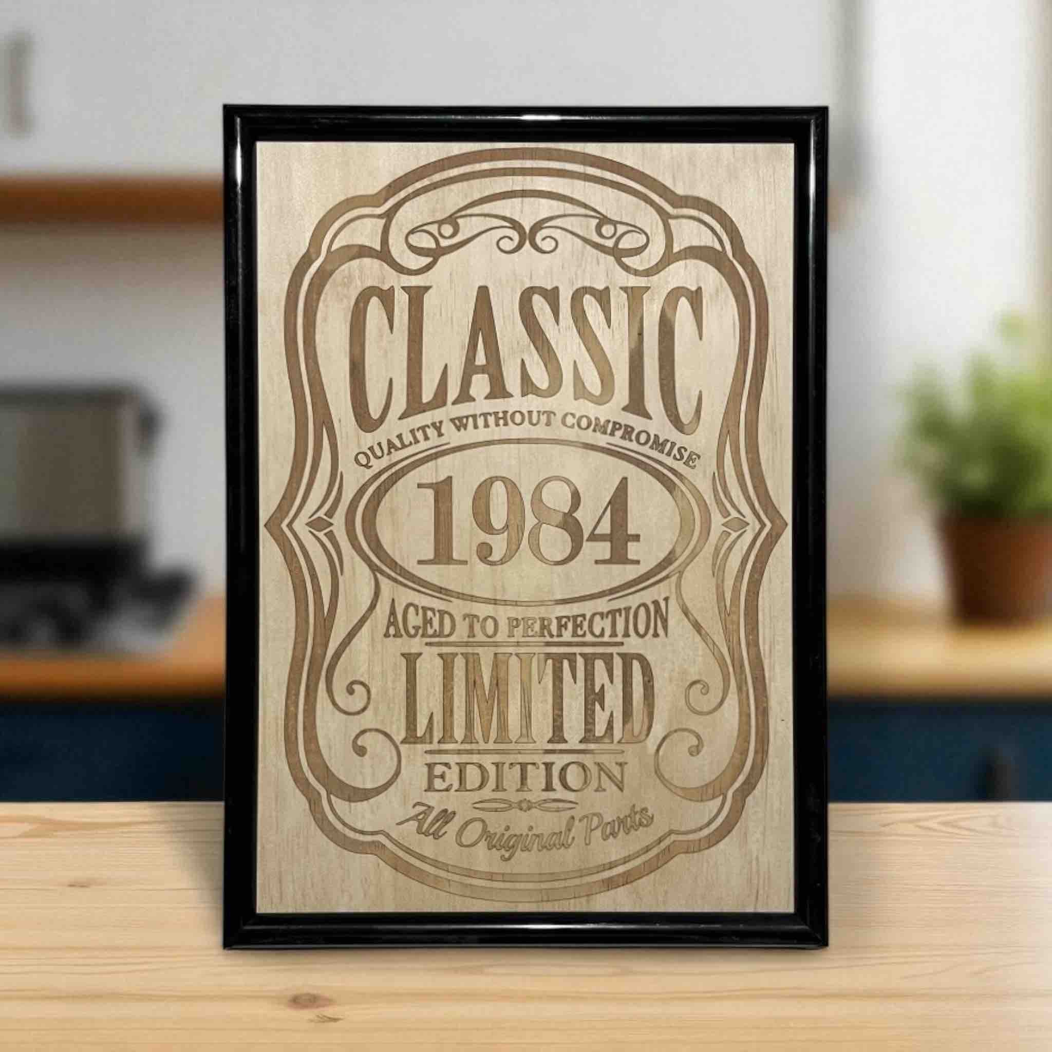 Classic year wood engraved sign with “Aged to Perfection” design displayed on kitchen table, custom milestone wall art, Laser Design Creations, Australia.