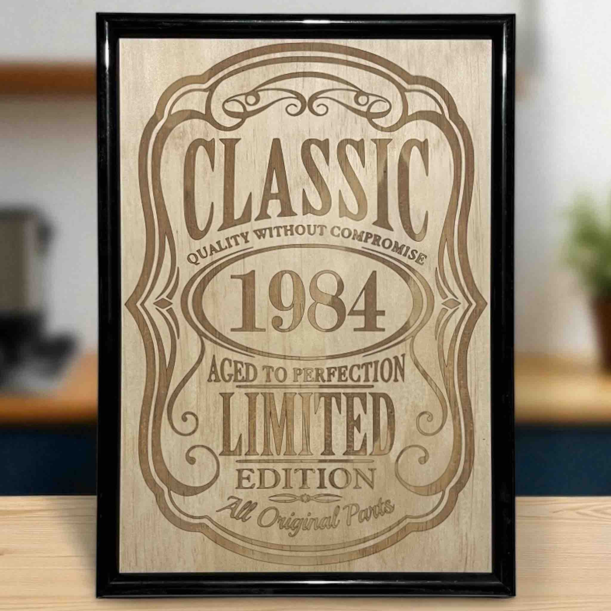 Personalised classic year wood engraved art in black frame, vintage gift decor by Laser Design Creations, Australia.
