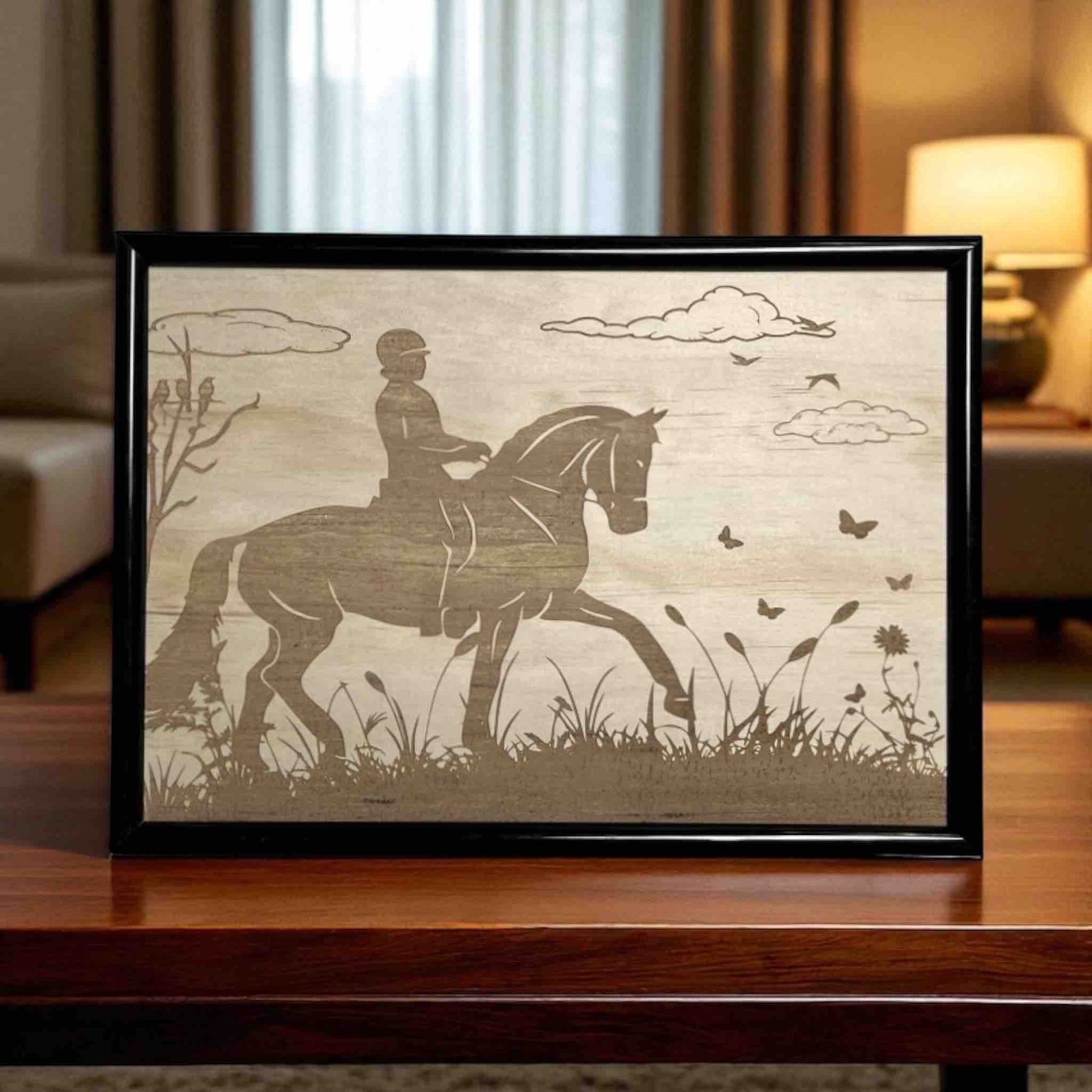 Framed wood engraving of a person riding a horse with nature-inspired elements such as clouds and butterflies. Made in Australia by Laser Design Creations