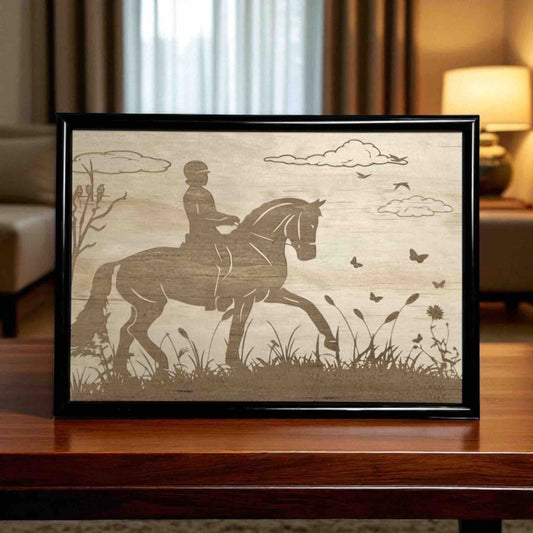 Framed wood engraving of a person riding a horse with nature-inspired elements such as clouds and butterflies. Made in Australia by Laser Design Creations