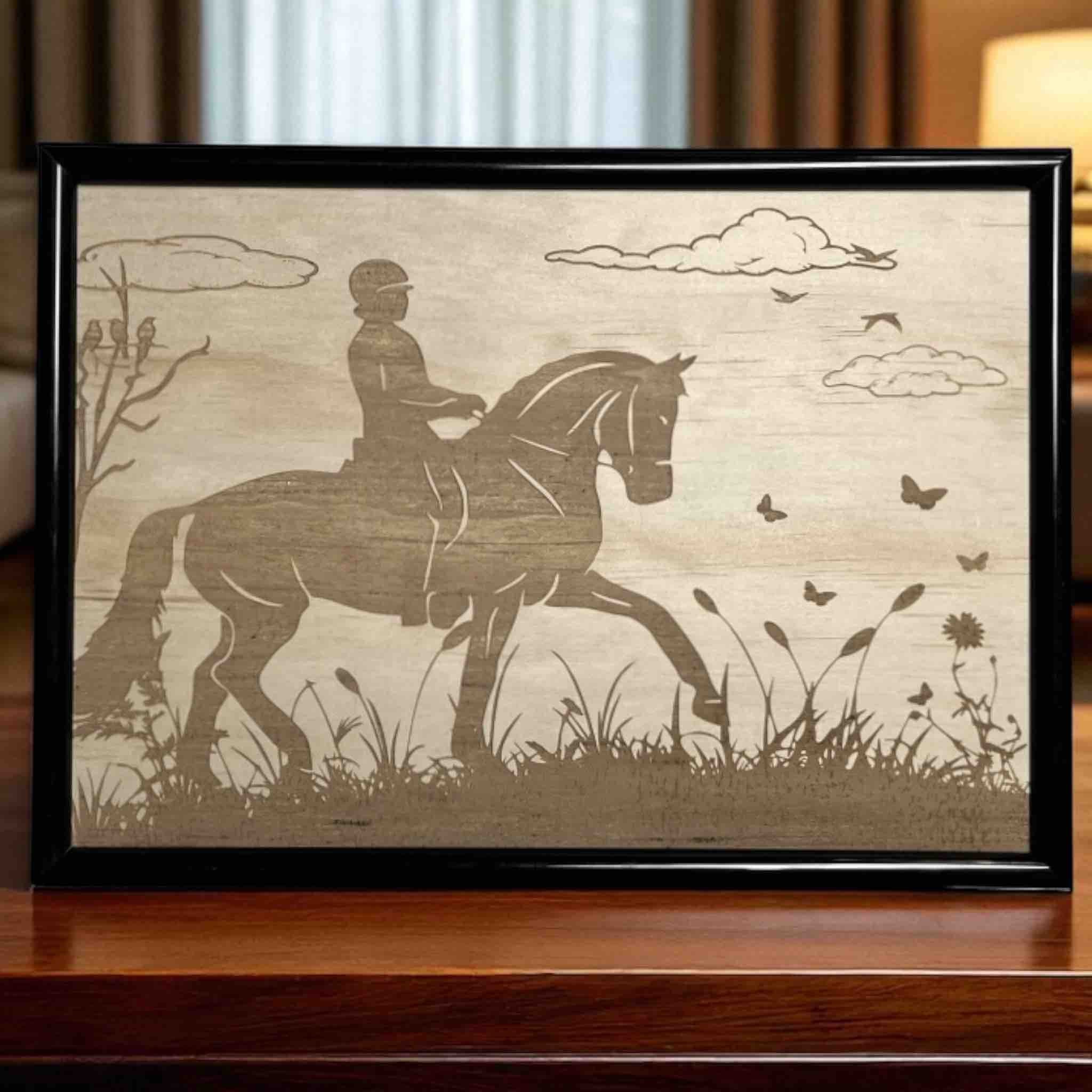 Framed wood engraving of a person on a horse with nature-inspired elements such as clouds and butterflies. Made in Australia by Laser Design Creations