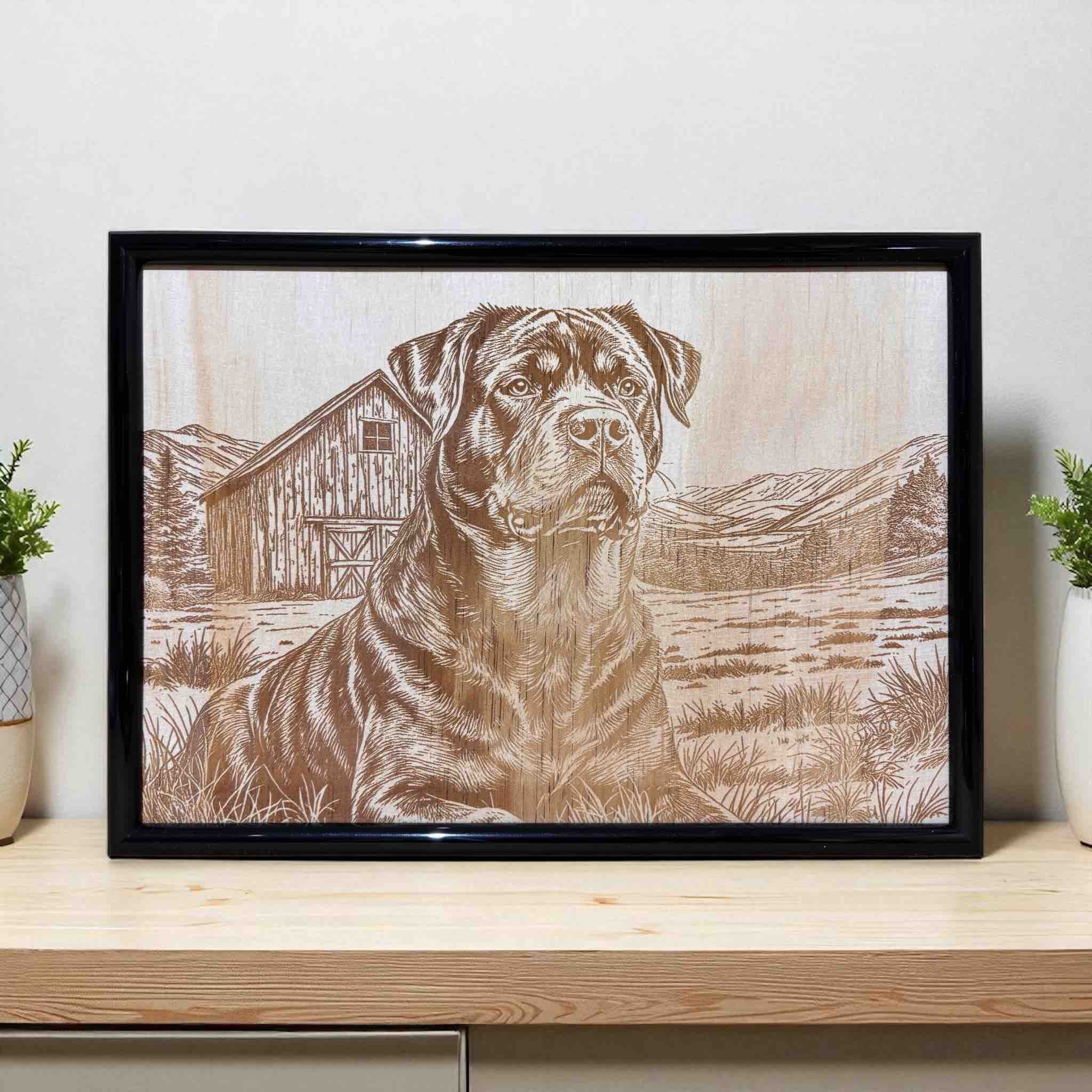 Rottweiler with country barn backdrop wood engraved art framed decor by Laser Design Creations