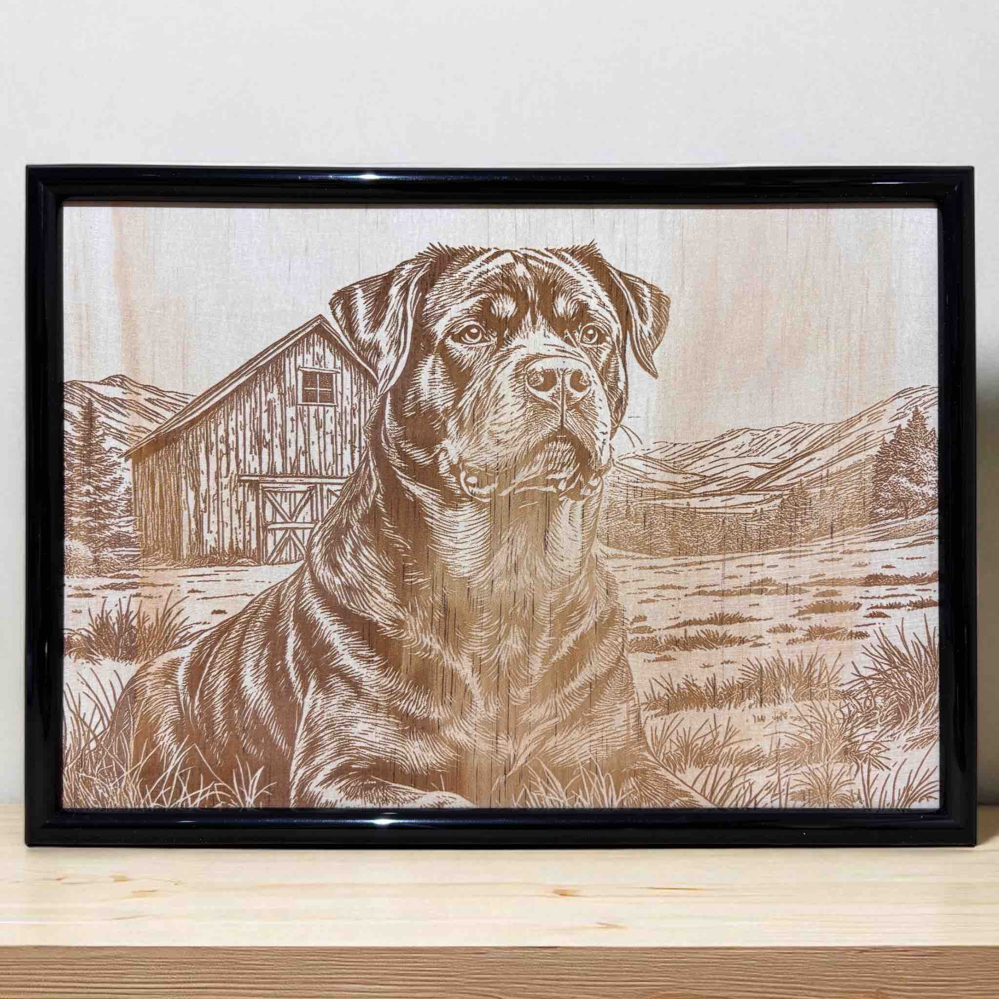 Lifestyle photo of Rottweiler and country barn wood engraved art framed decor by Laser Design Creations