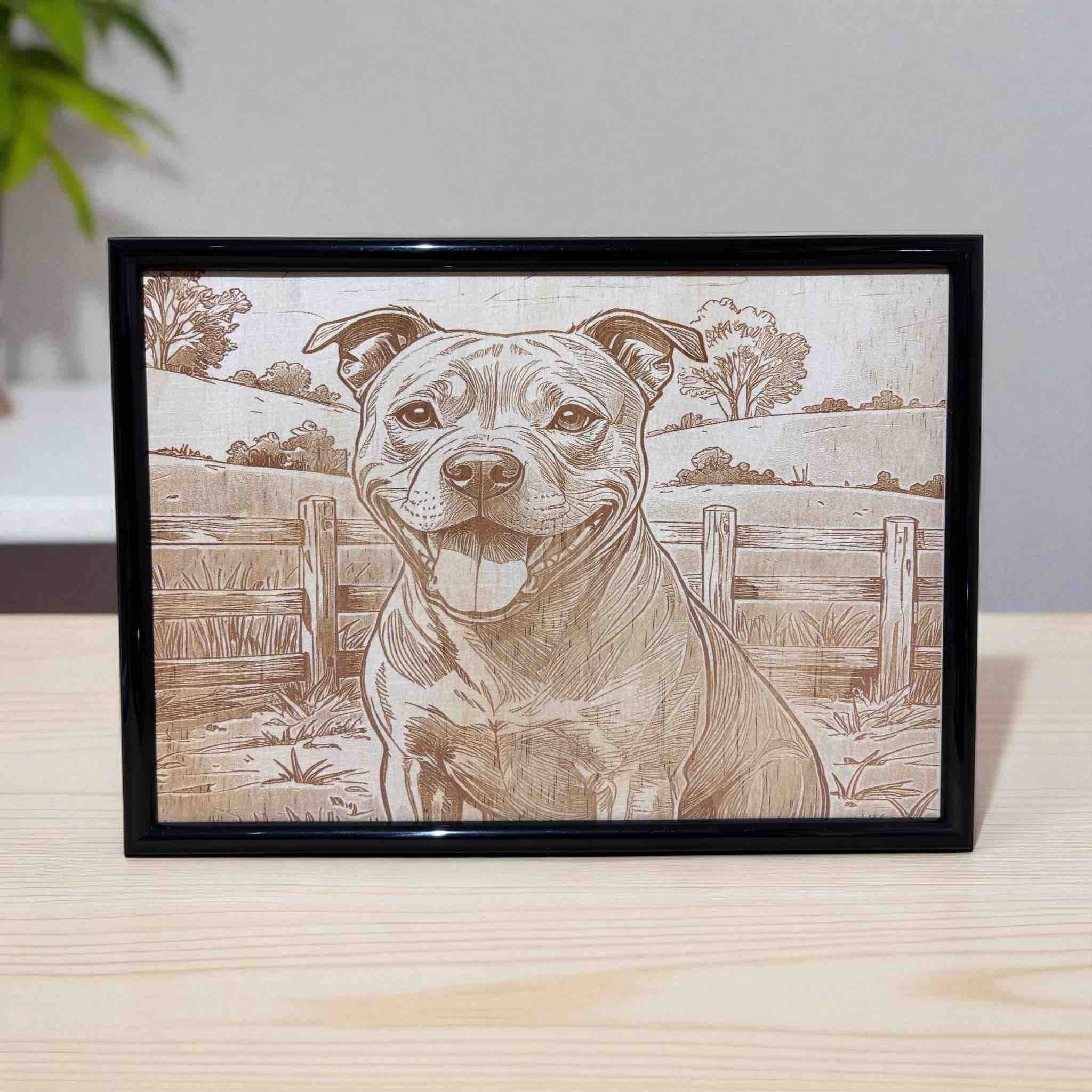 Happy Staffy dog smiling wood engraved art, Australian handcrafted decor by Laser Design Creations