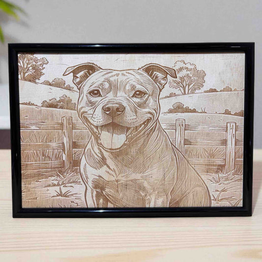 Staffy dog rustic country wall art on radiata pine plywood – Laser Design Creations