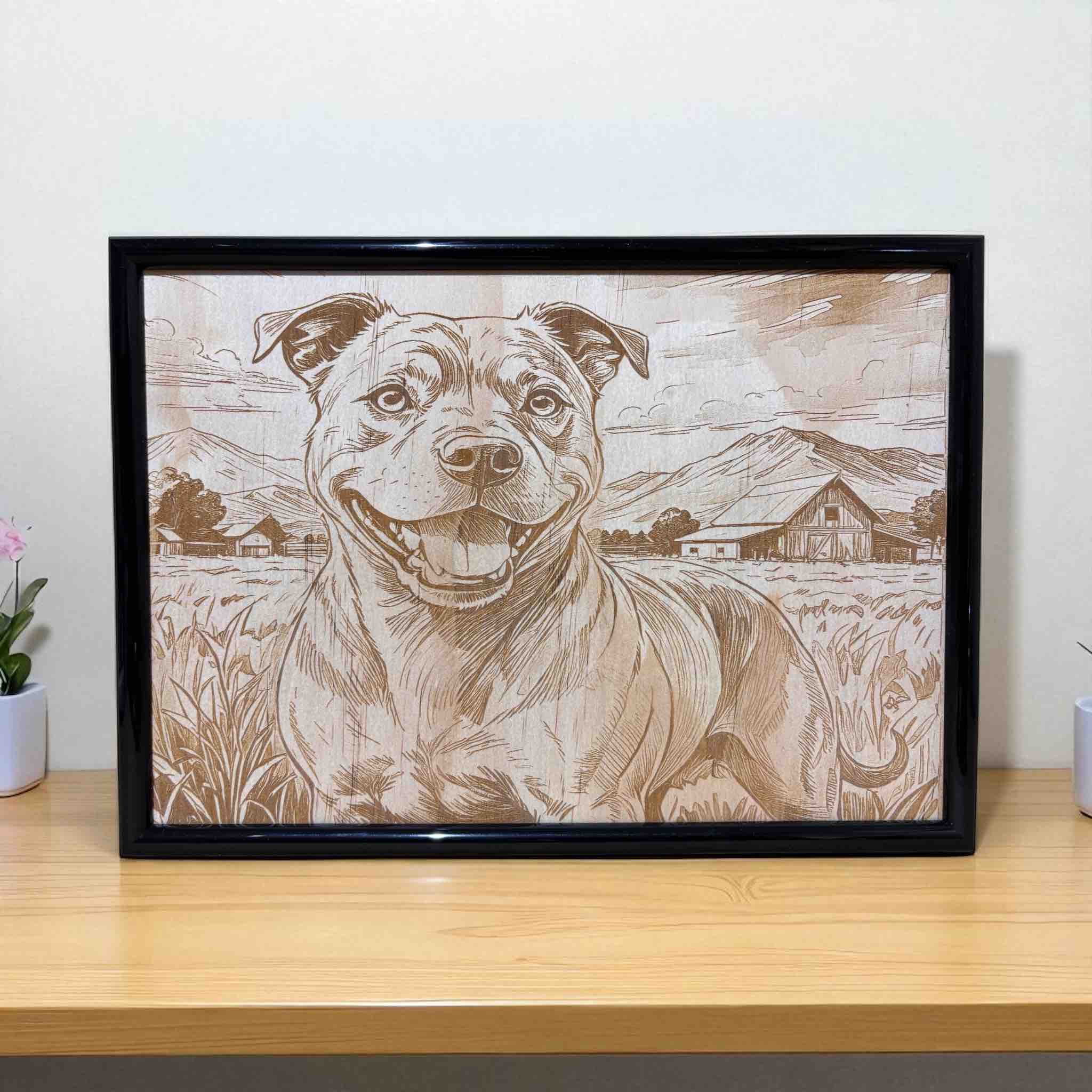 Staffy dog wood engraved art framed decor by Laser Design Creations