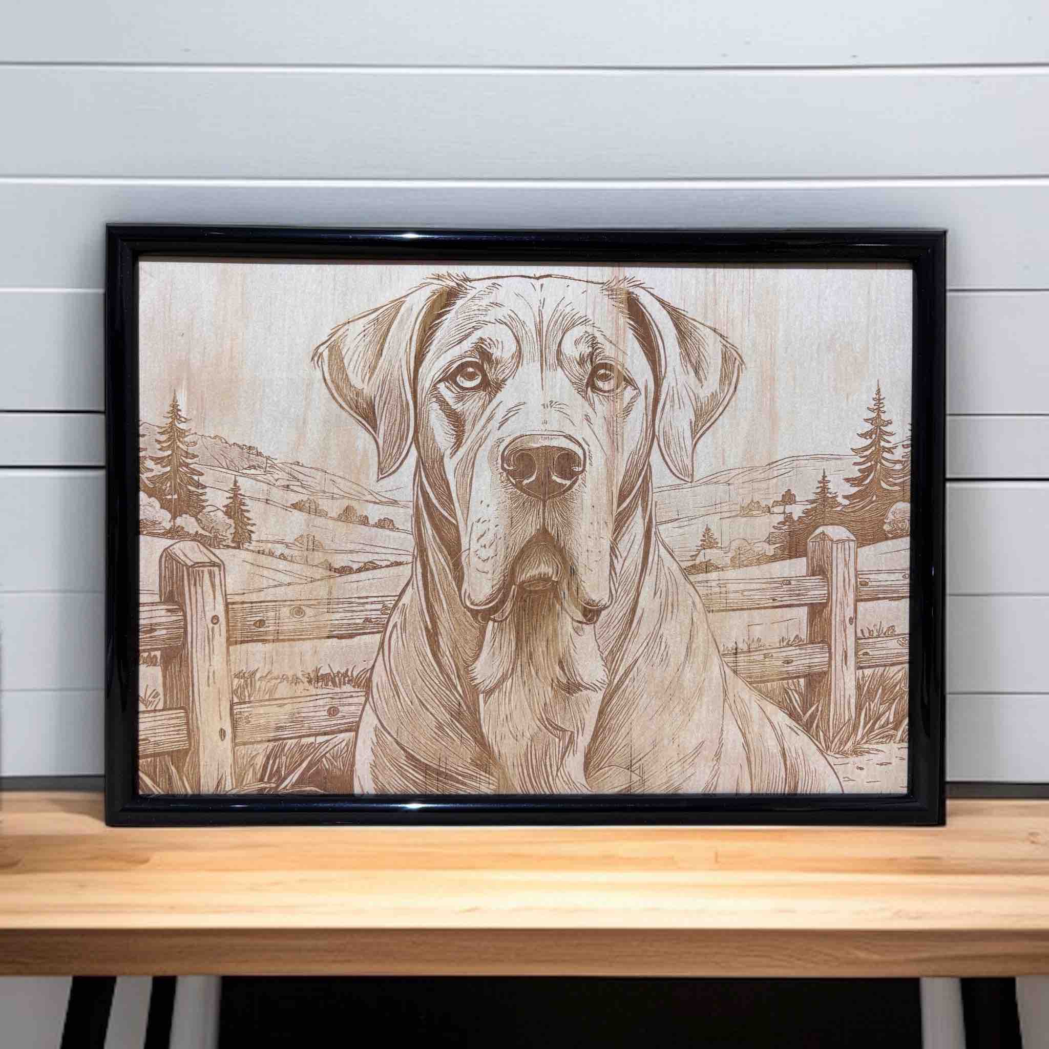 Wood engraved art of a gentle mastiff by a farm fence, framed decor by Laser Design Creations.