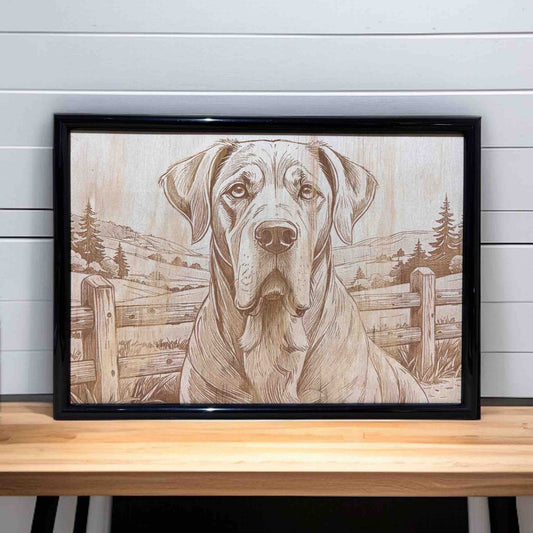 Wood engraved art of a gentle mastiff by a farm fence, framed decor by Laser Design Creations.