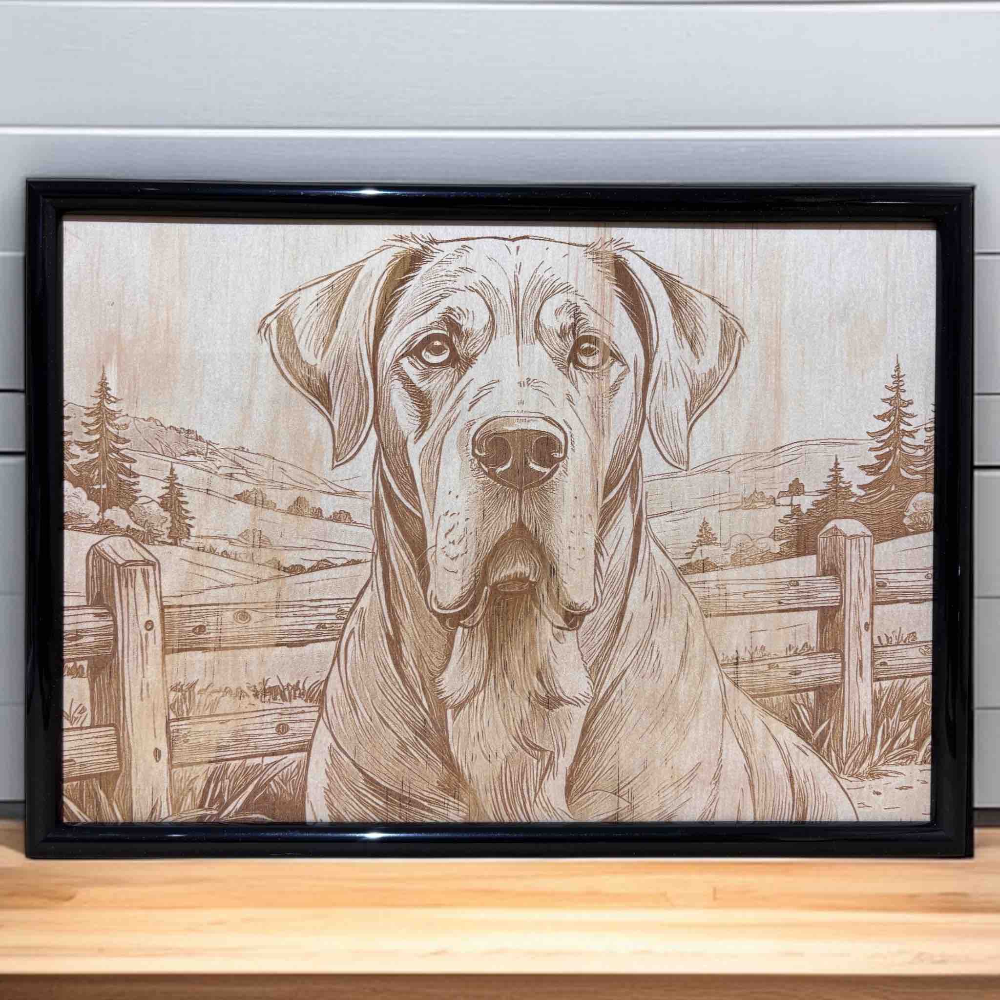 Lifestyle photo of gentle mastiff wood engraved art on shelf, Laser Design Creations Australian decor.