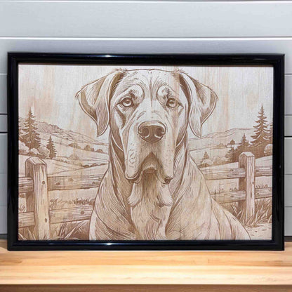 Lifestyle photo of gentle mastiff wood engraved art on shelf, Laser Design Creations Australian decor.