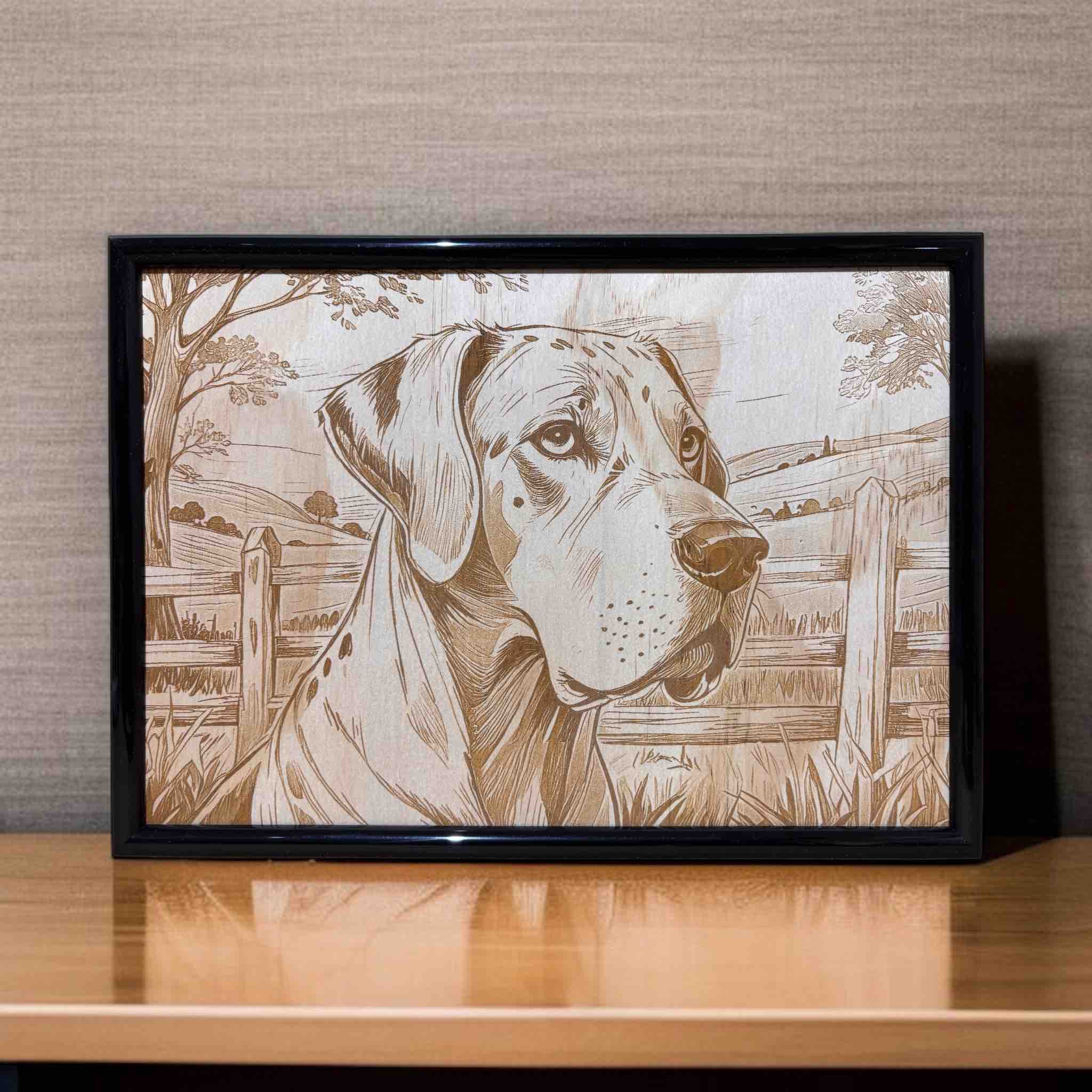Wood engraved Great Dane art framed decor by farm fence, Laser Design Creations.
