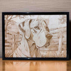 Lifestyle photo of Great Dane wood engraved art on table, Laser Design Creations.