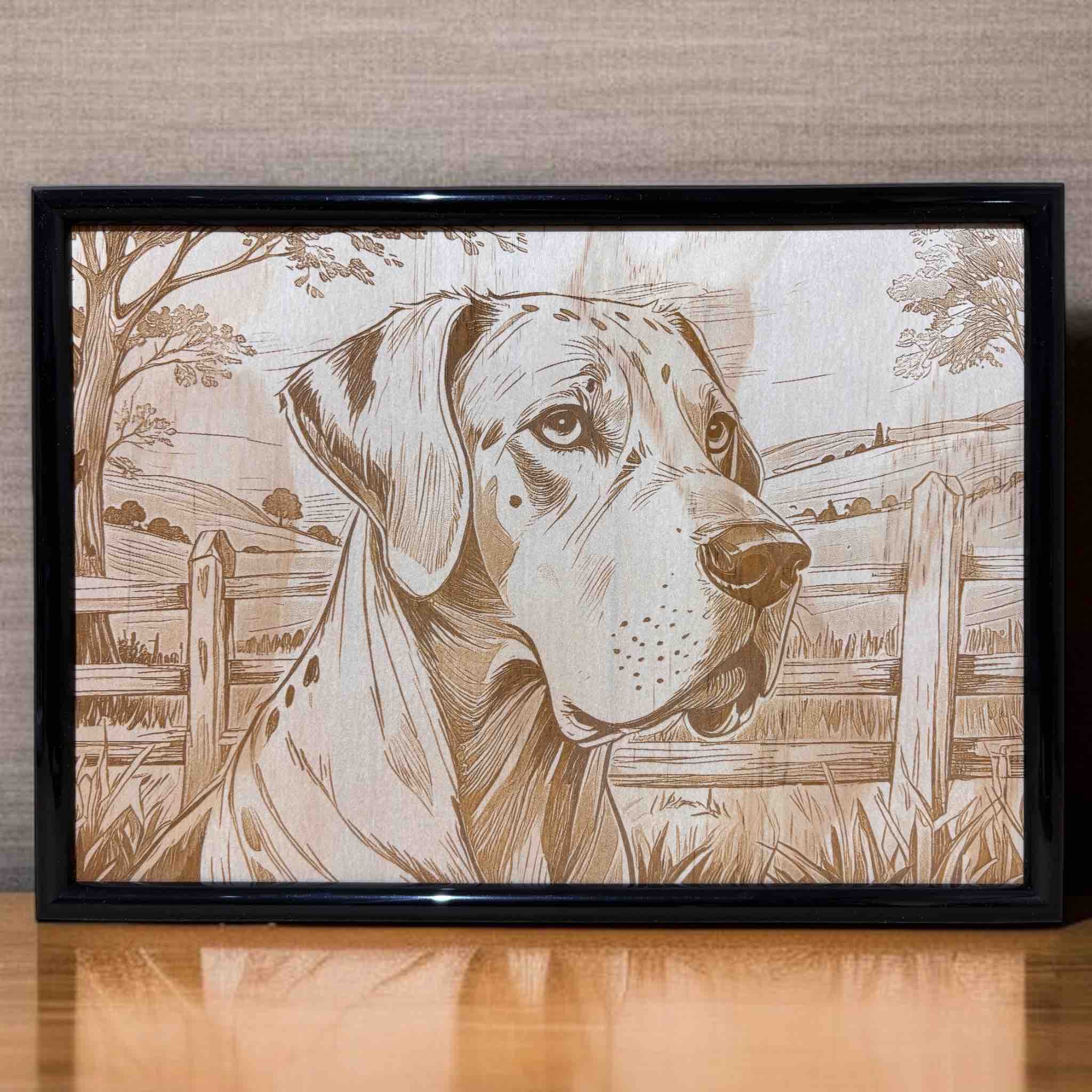 Lifestyle photo of Great Dane wood engraved art on table, Laser Design Creations.