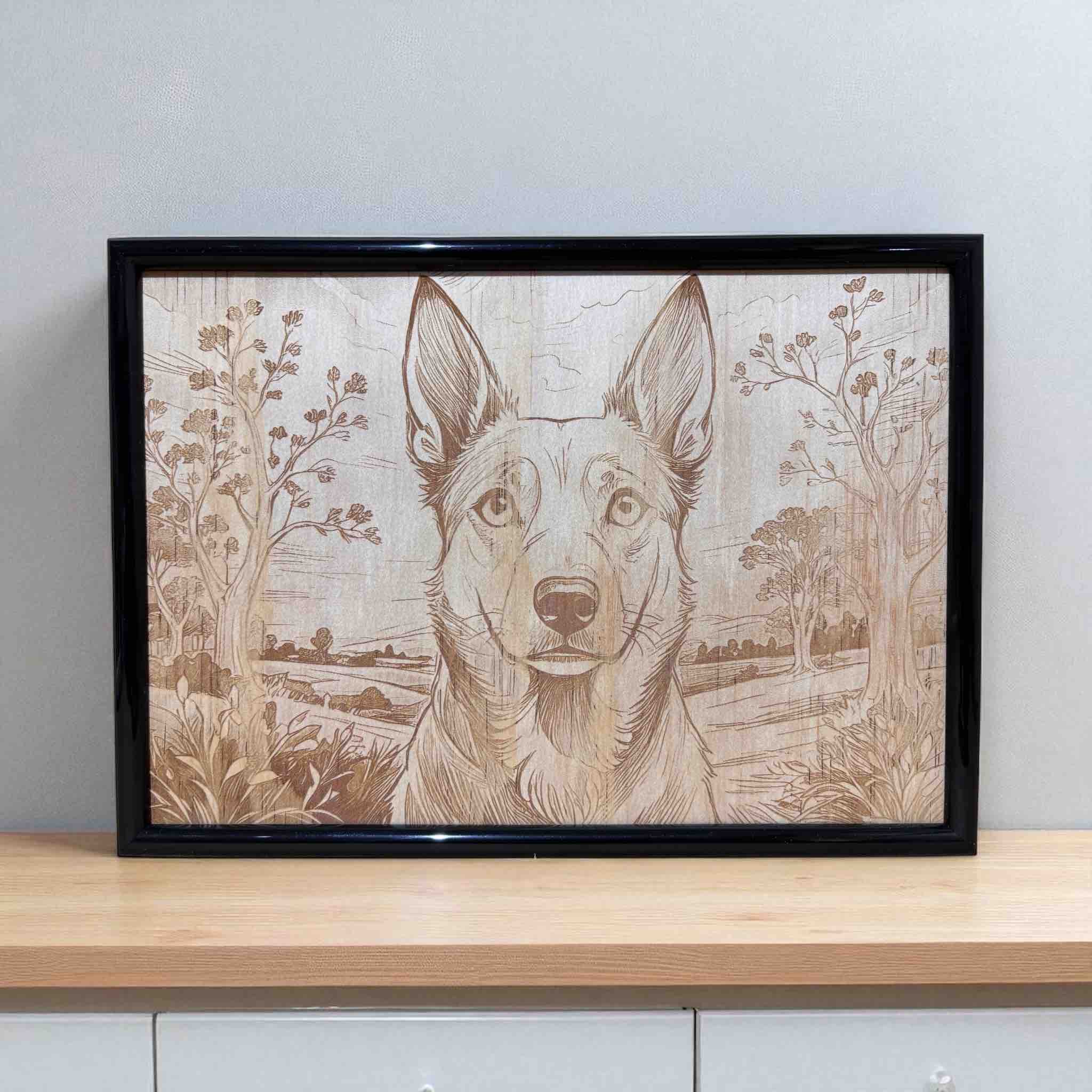 Wood engraved Kelpie art framed decor in bushland, Laser Design Creations.