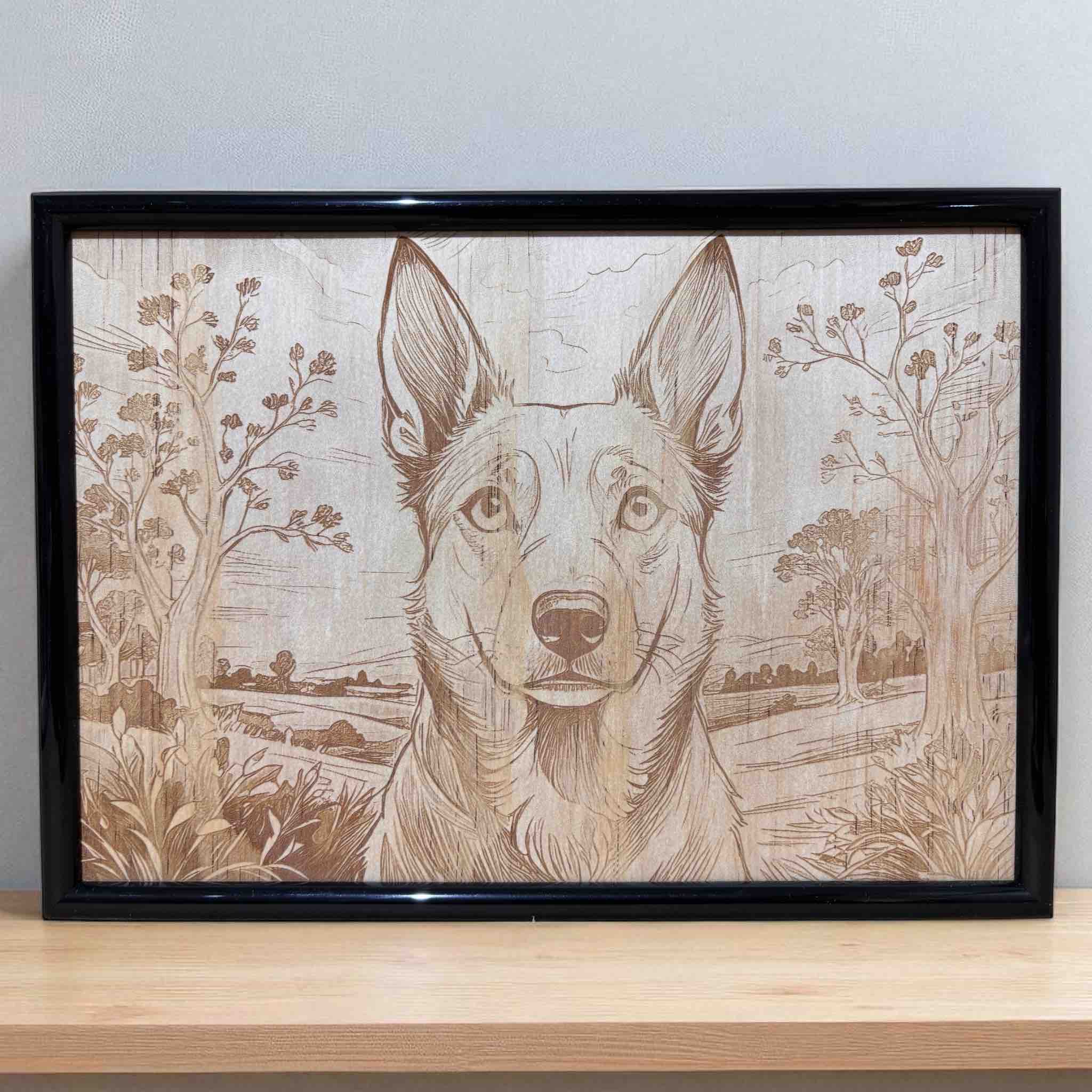 Lifestyle photo of Kelpie wood engraved art on table, Laser Design Creations.