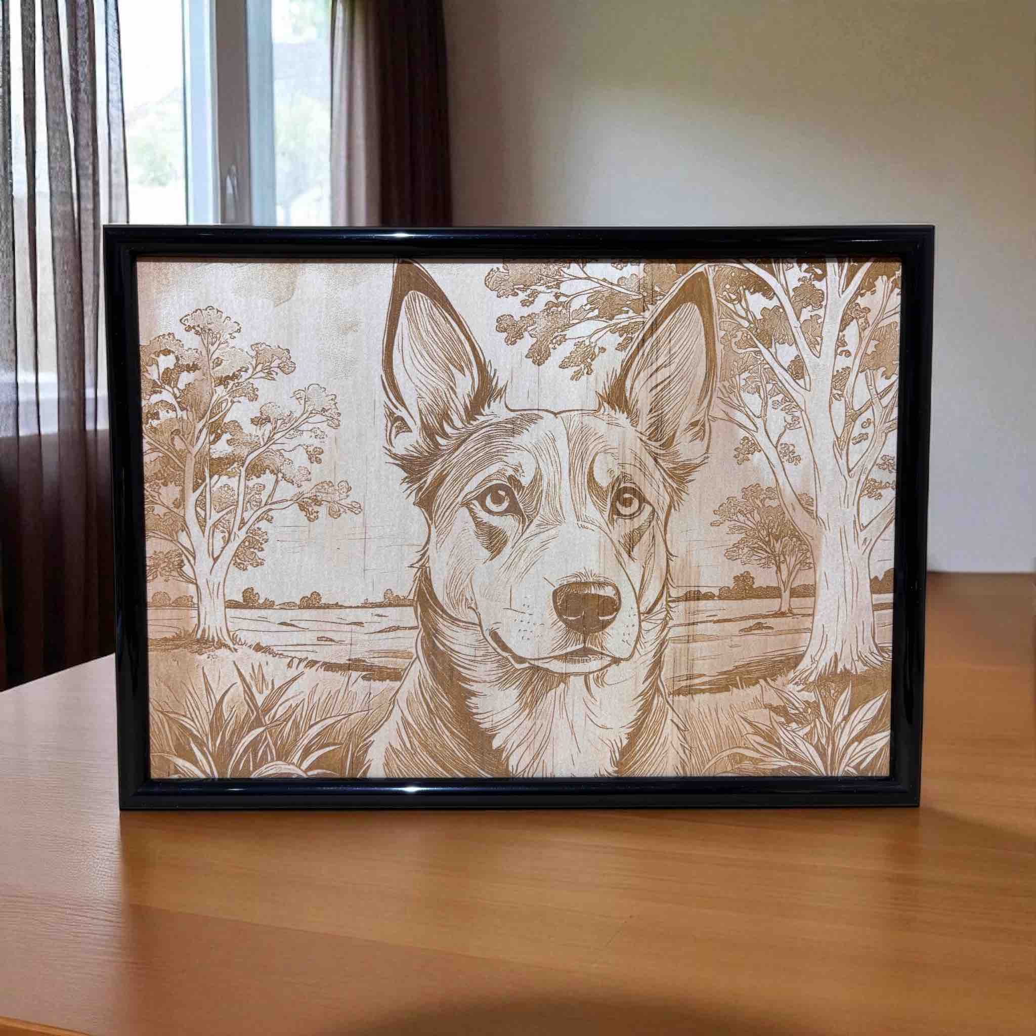 Kelpie dog wood engraved art framed decor by Laser Design Creations.
