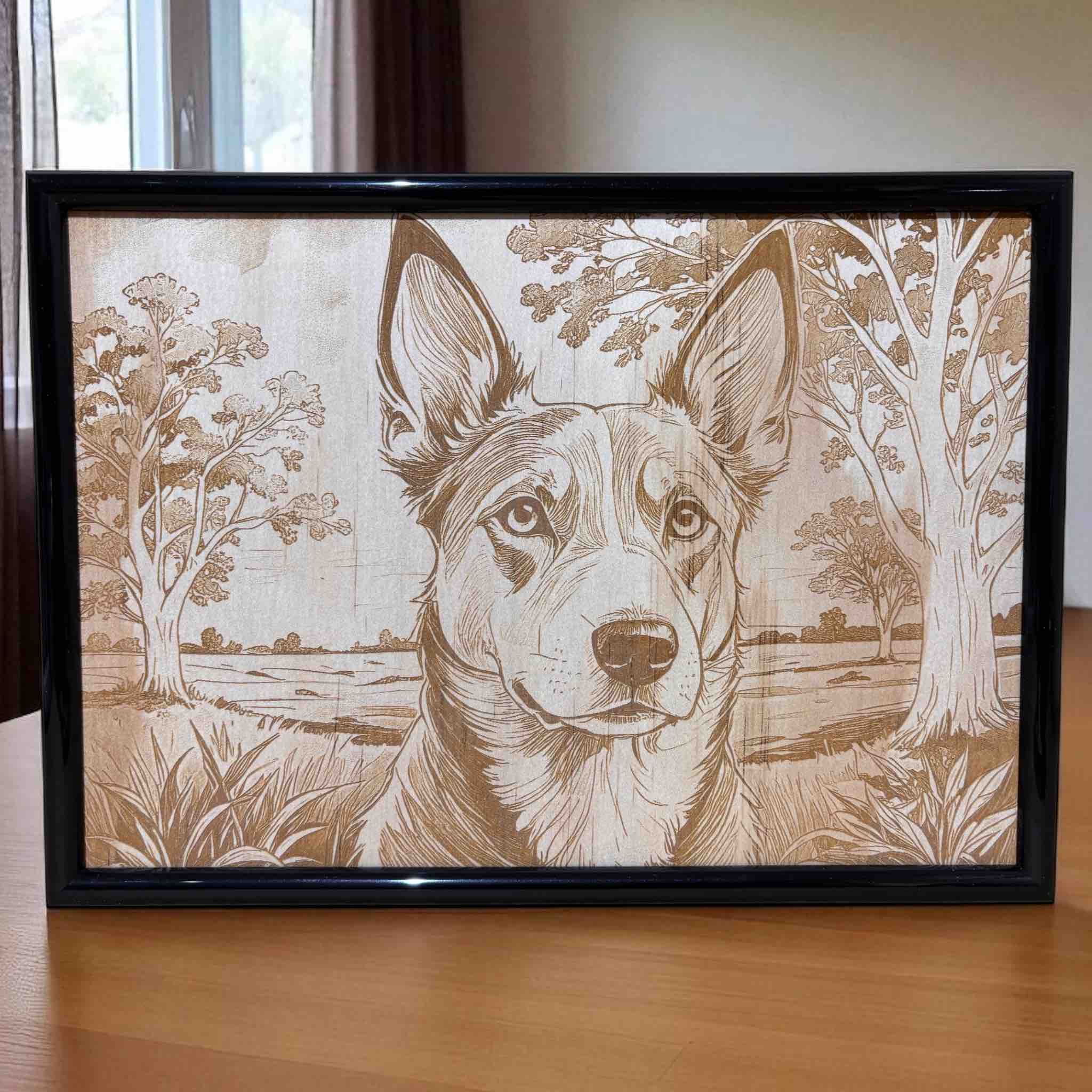 Australian Kelpie wood art in country landscape, framed and ready to display by Laser Design Creations.