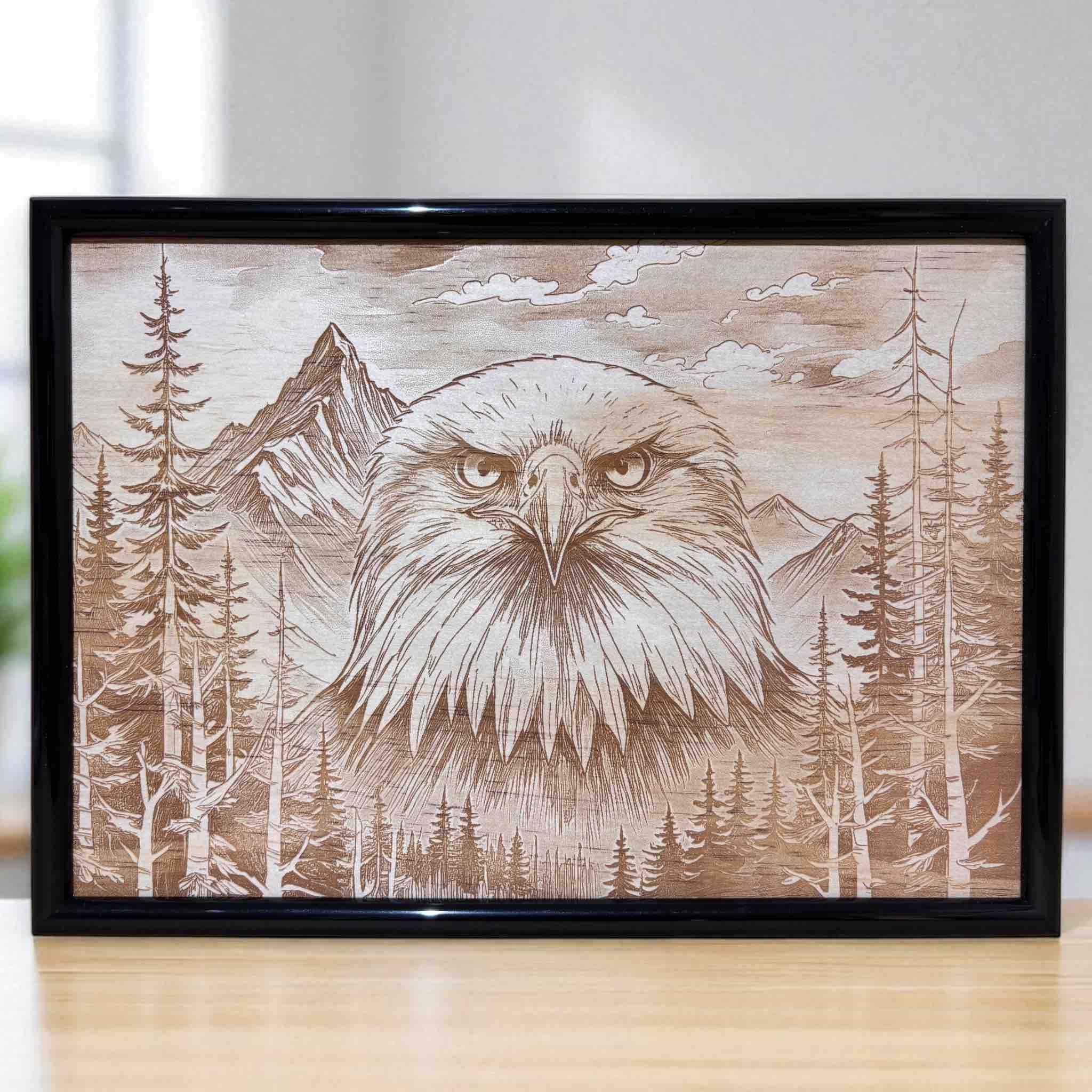 Framed eagle wood art in rustic mountain setting, Australian decor by Laser Design Creations.