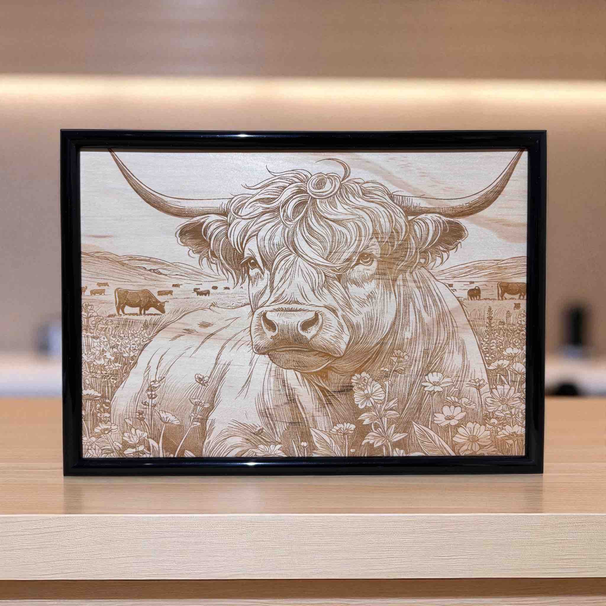 Wood engraved art of a Highland cow in a wildflower meadow, framed by Laser Design Creations.