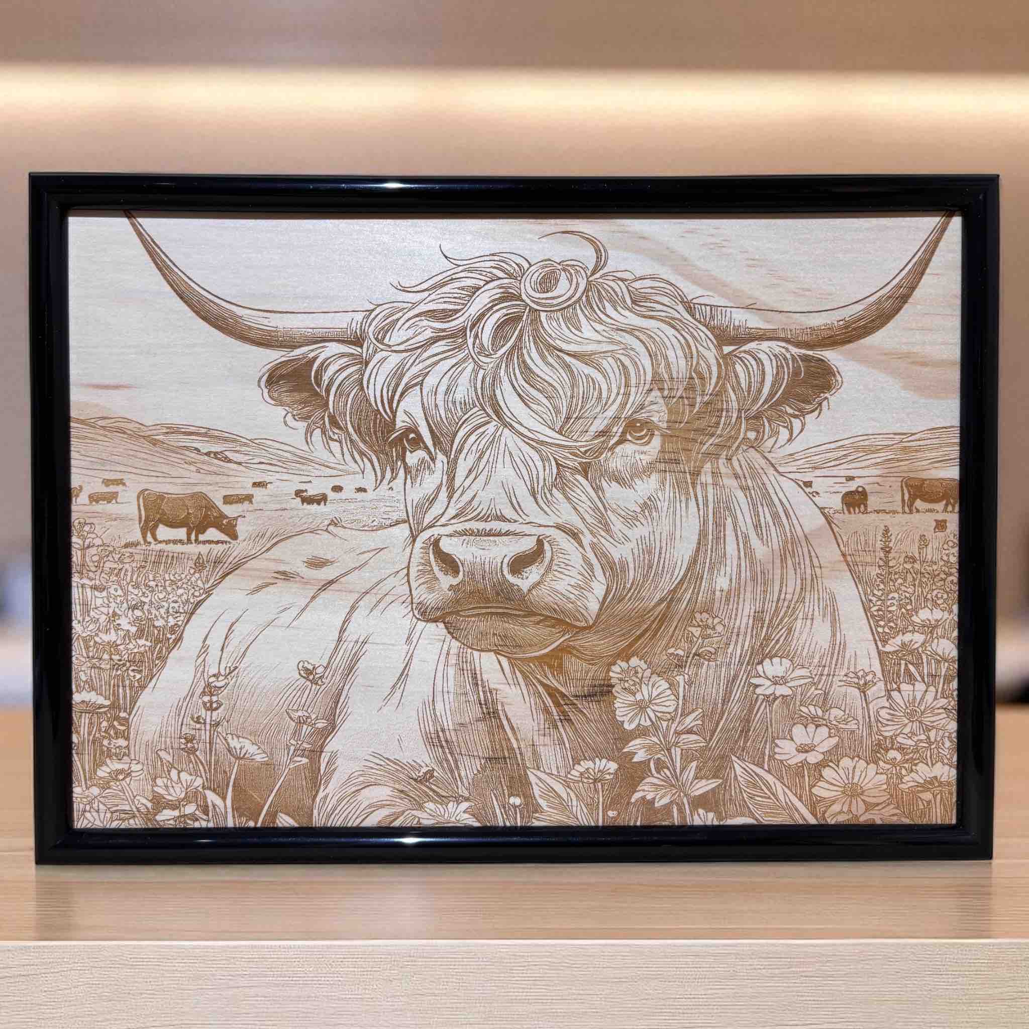 Framed Highland cow wood art in rustic country setting, Australian decor by Laser Design Creations.