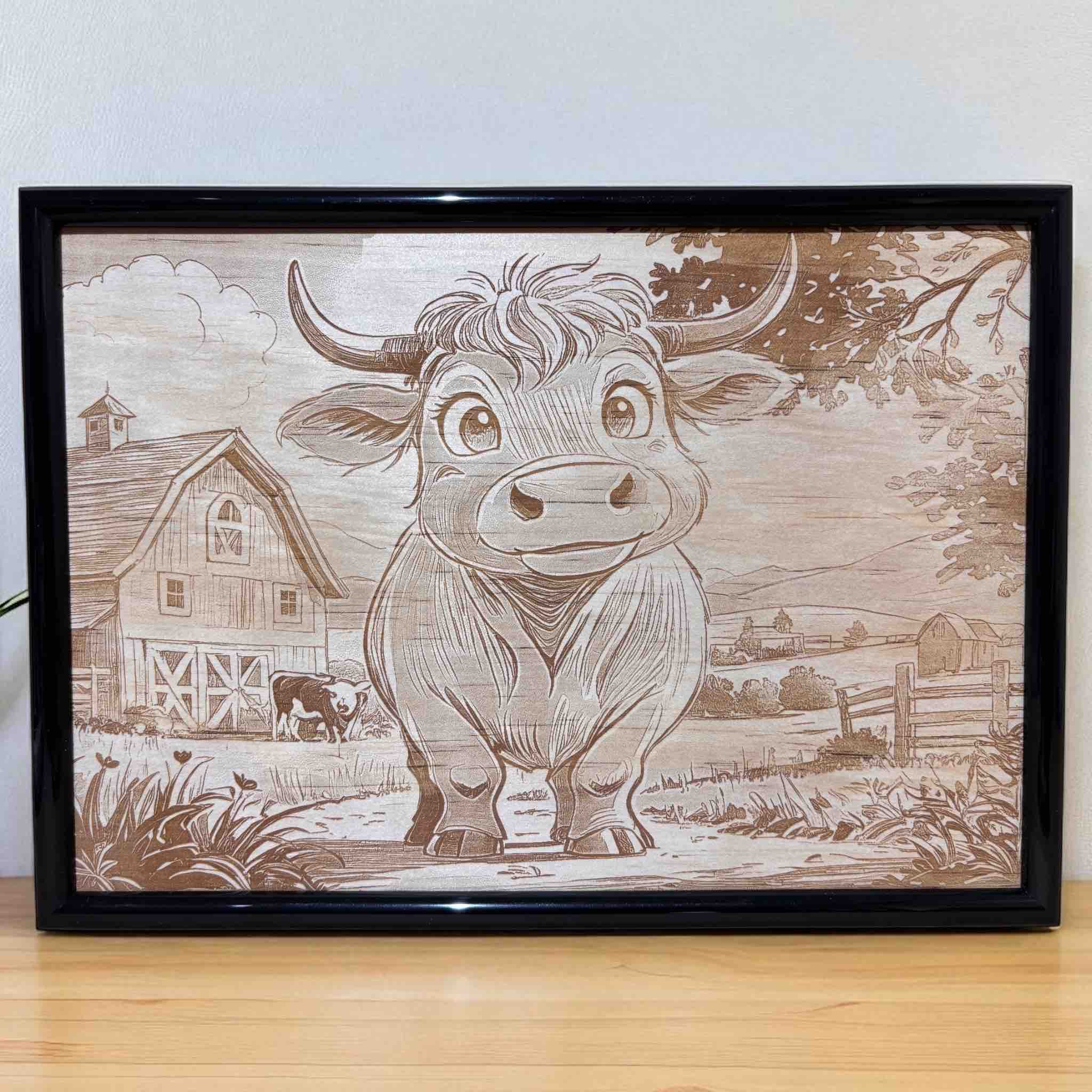 Framed cartoon cow wood art in farm scene, Australian decor by Laser Design Creations.