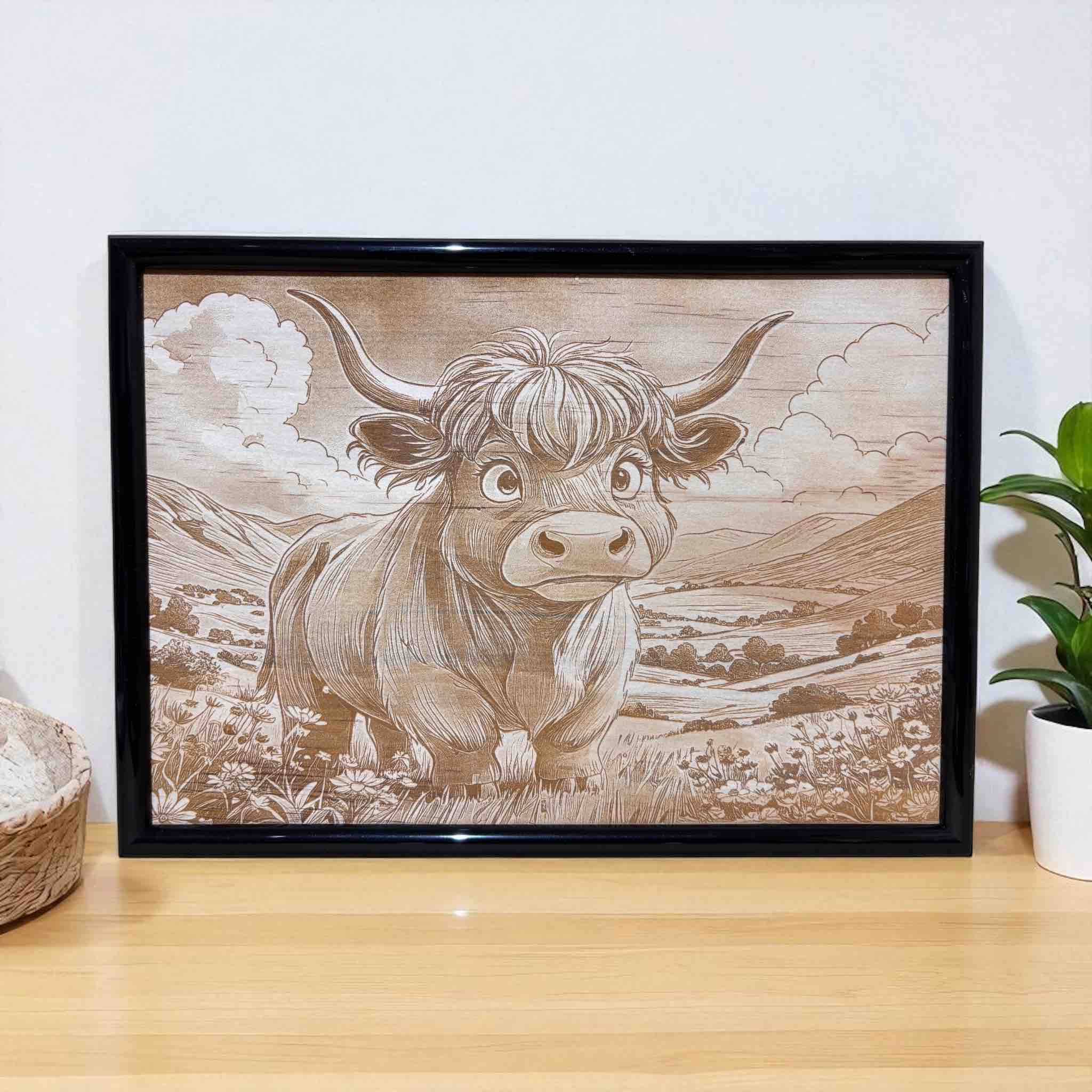 Wood engraved art of a cartoon Highland cow in a flower field, framed by Laser Design Creations.