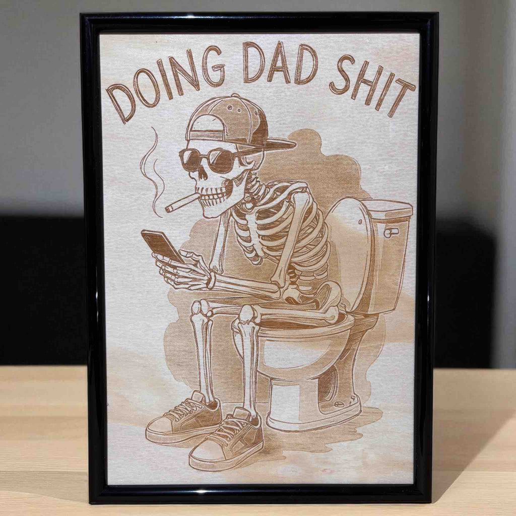 Funny dad-themed wood engraved decor for bathroom or man cave, Laser Design Creations.