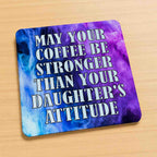 Pack of 4 neoprene coasters with funny coffee quote, purple and blue background, non-slip, by Laser Design Creations Australia