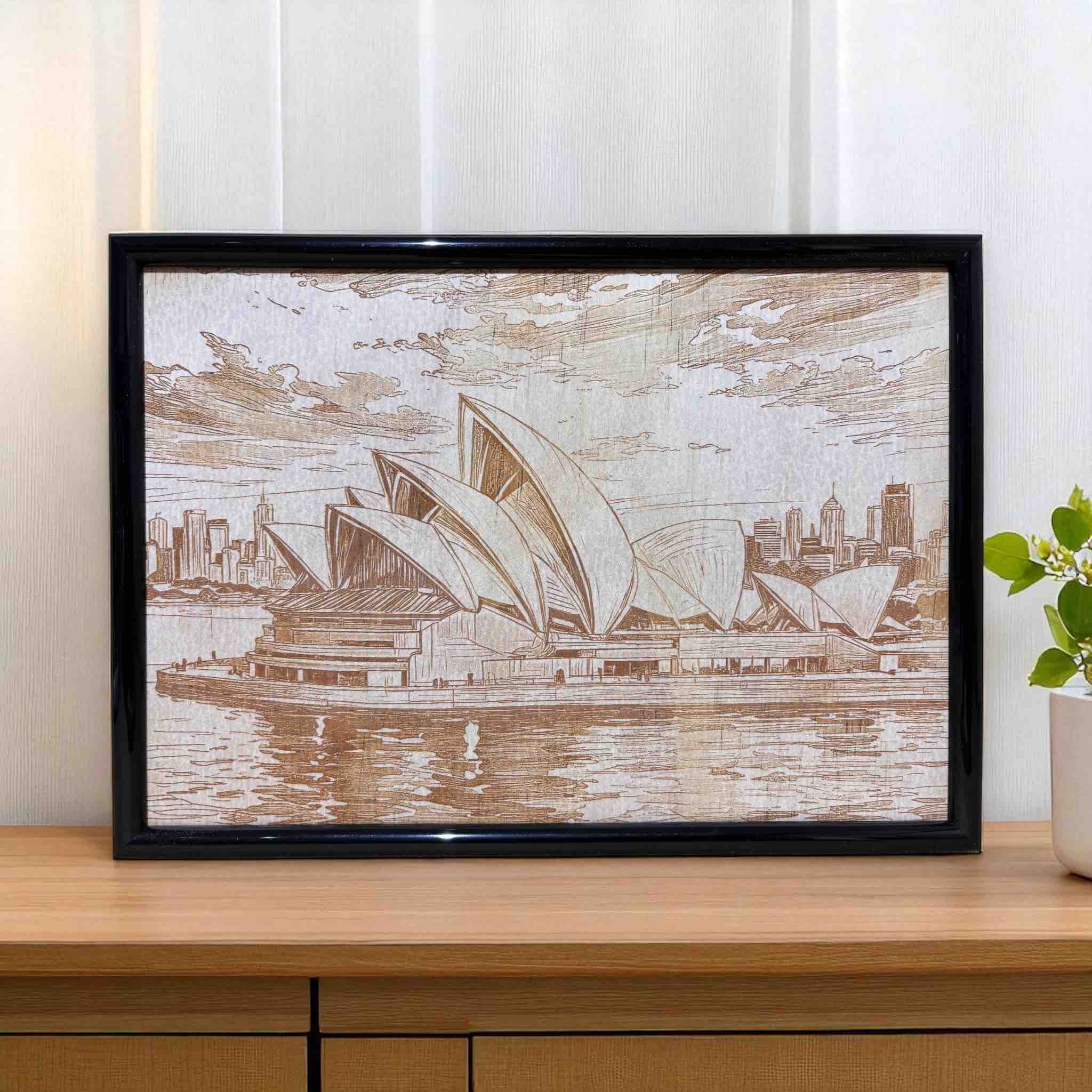 Framed wood engraved art of Sydney Opera House and skyline, Laser Design Creations.