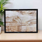 Framed wood engraved art of Sydney Opera House and Harbour Bridge, Laser Design Creations.