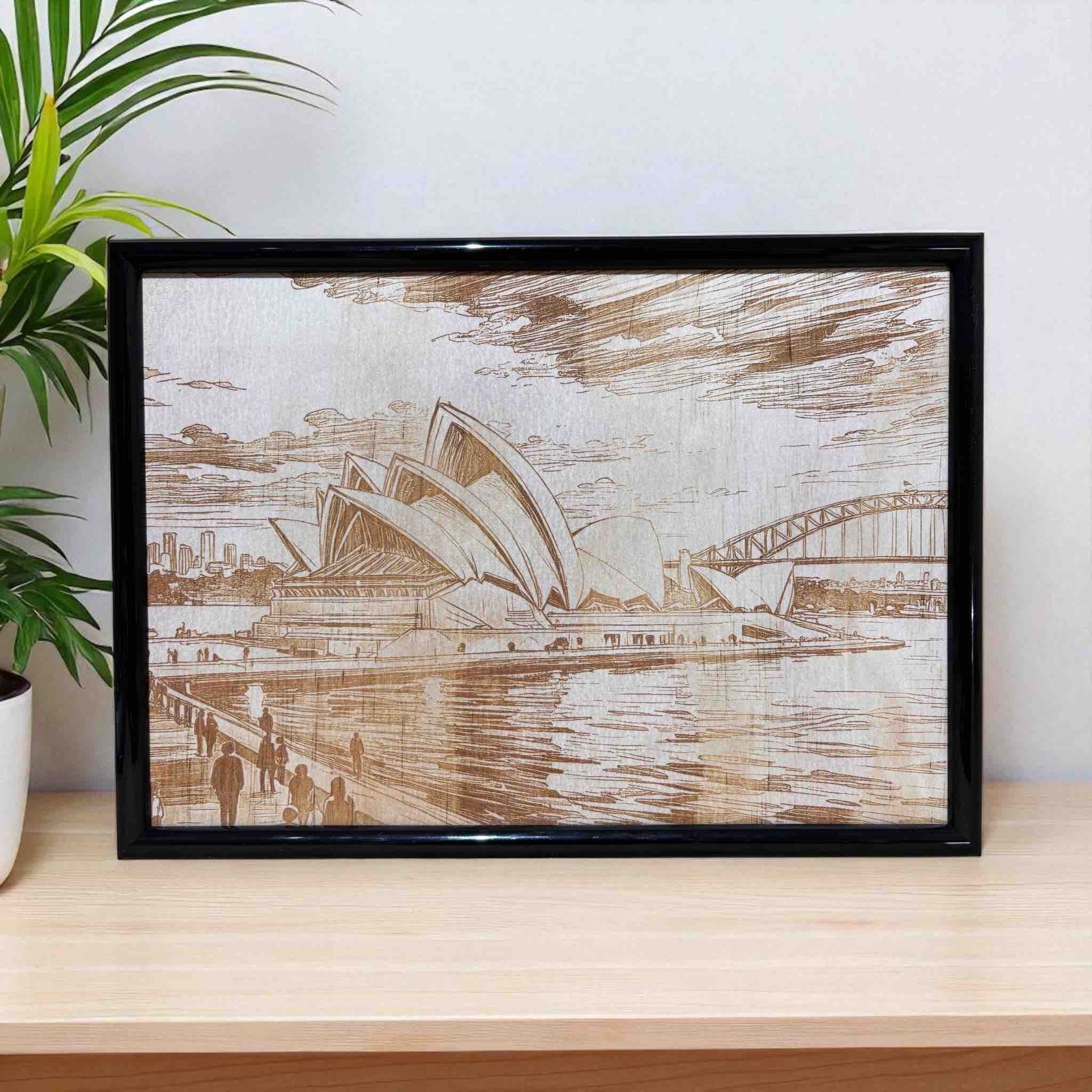 Framed wood engraved art of Sydney Opera House and Harbour Bridge, Laser Design Creations.