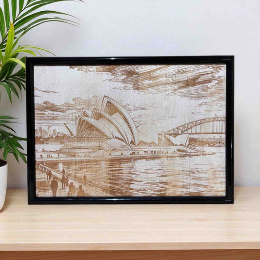 Framed wood engraved art of Sydney Opera House and Harbour Bridge, Laser Design Creations.