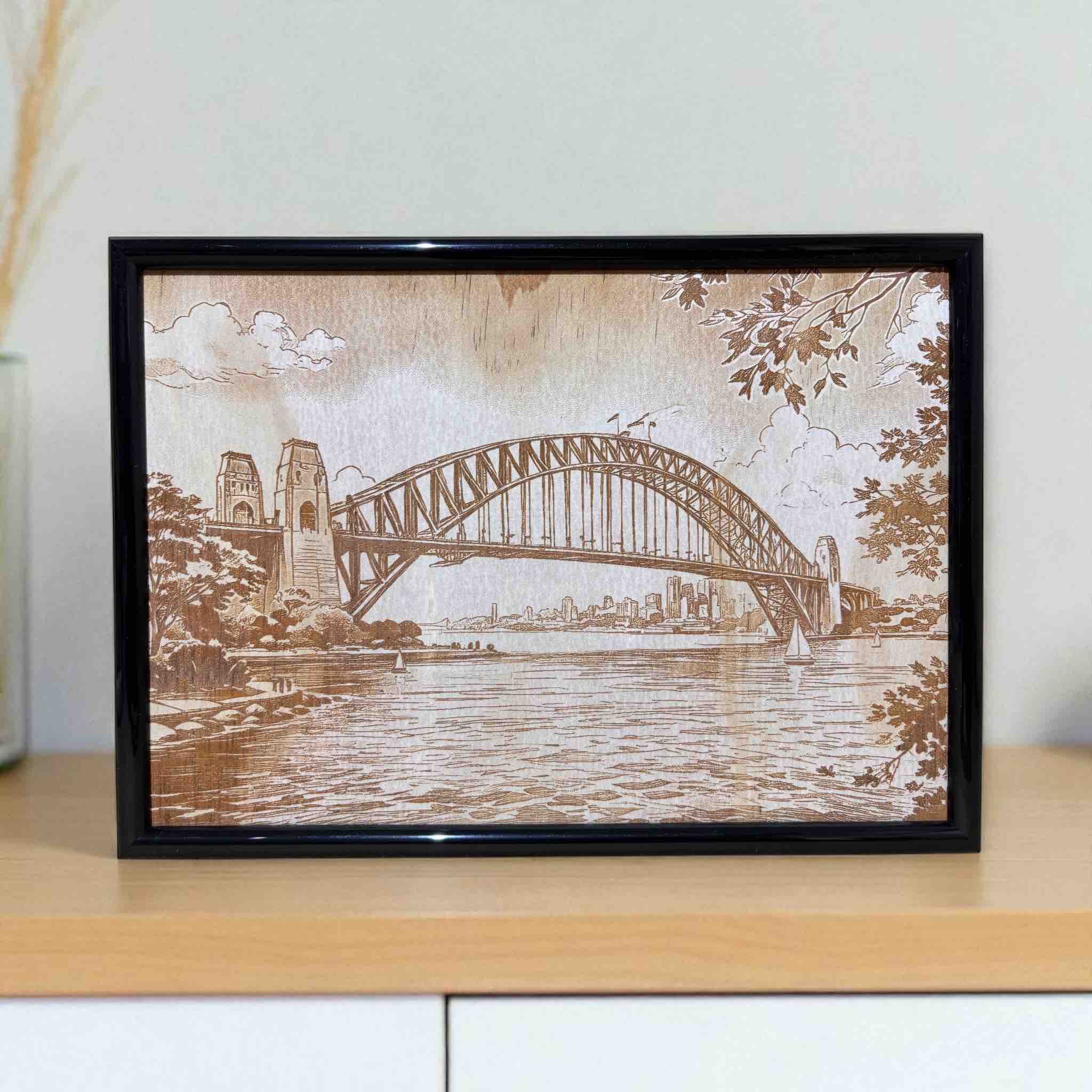 Framed wood engraved art of Sydney Harbour Bridge view, Laser Design Creations.