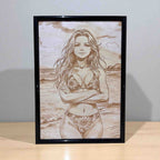 Framed wood engraved art of sunflower bikini beach girl, Laser Design Creations.