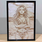 Summer-themed wood engraved decor with sunflower bikini girl, Laser Design Creations.