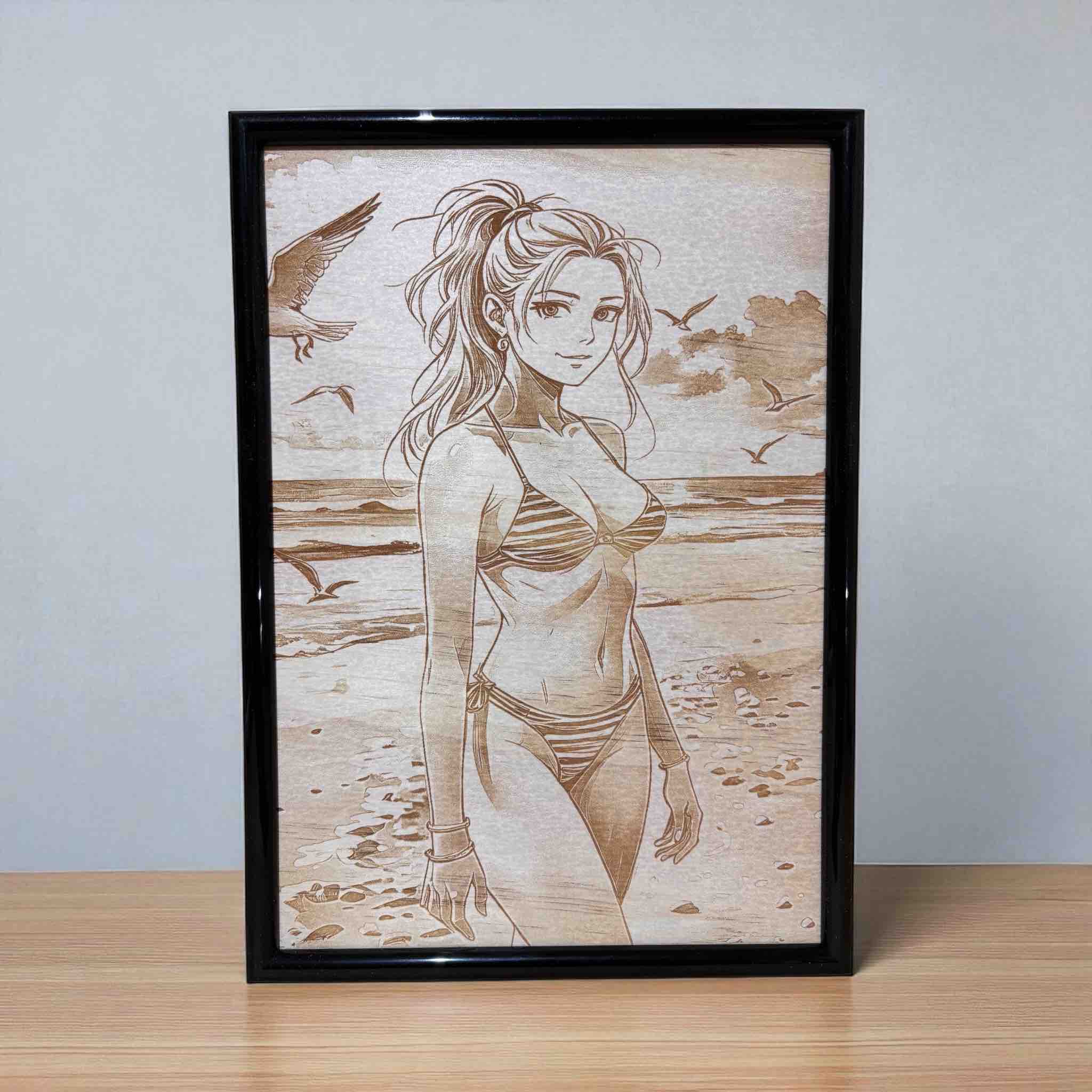 Framed wood engraved art of seaside stroll bikini girl, Laser Design Creations.