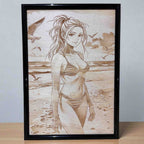Coastal-themed wood engraved decor with a beach girl design, Laser Design Creations.