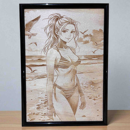 Coastal-themed wood engraved decor with a beach girl design, Laser Design Creations.