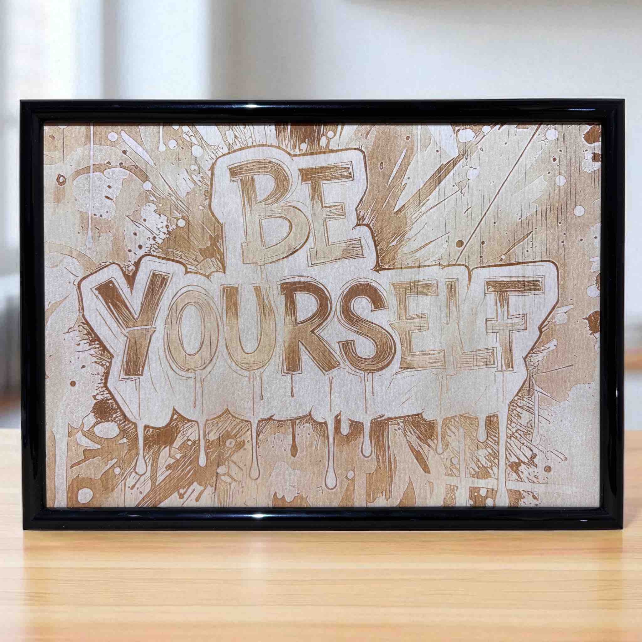 Lifestyle photo of Be Yourself graffiti wood engraved art by Laser Design Creations.
