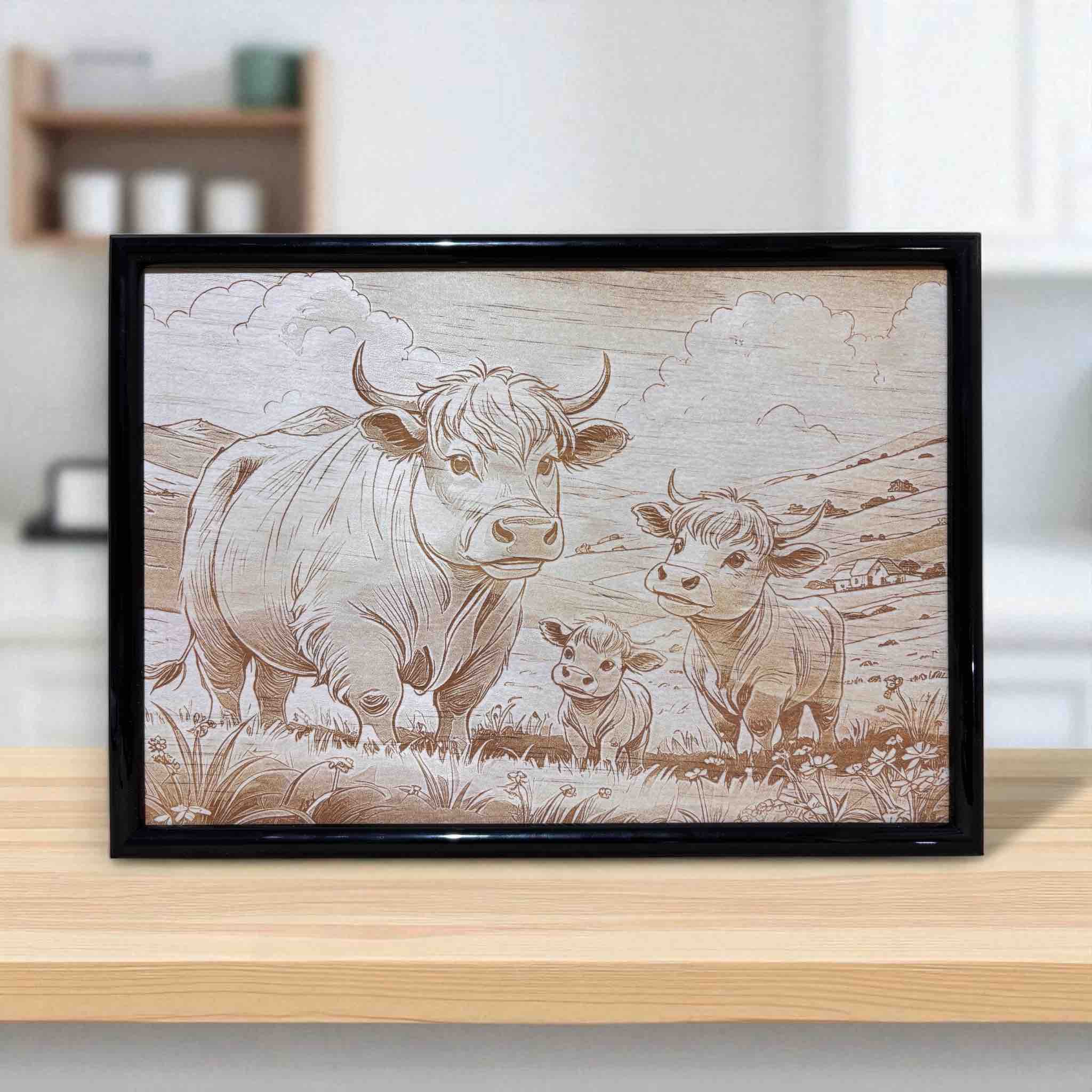 Highland cow family wood engraved art framed decor by Laser Design Creations.