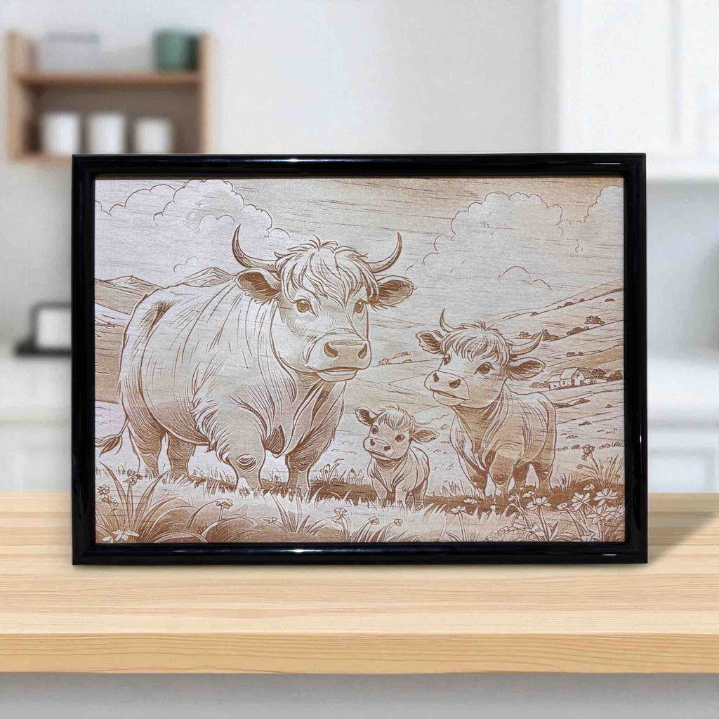 Highland cow family wood engraved art framed decor by Laser Design Creations.