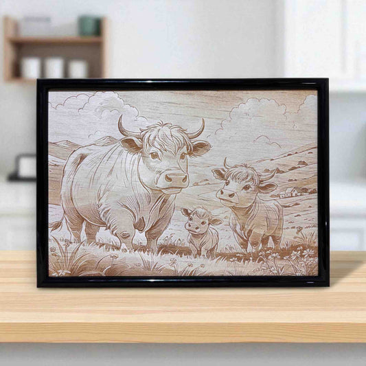 Highland cow family wood engraved art framed decor by Laser Design Creations.