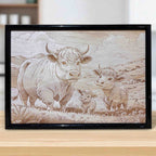 Lifestyle photo of Highland cow family wood engraved art by Laser Design Creations.