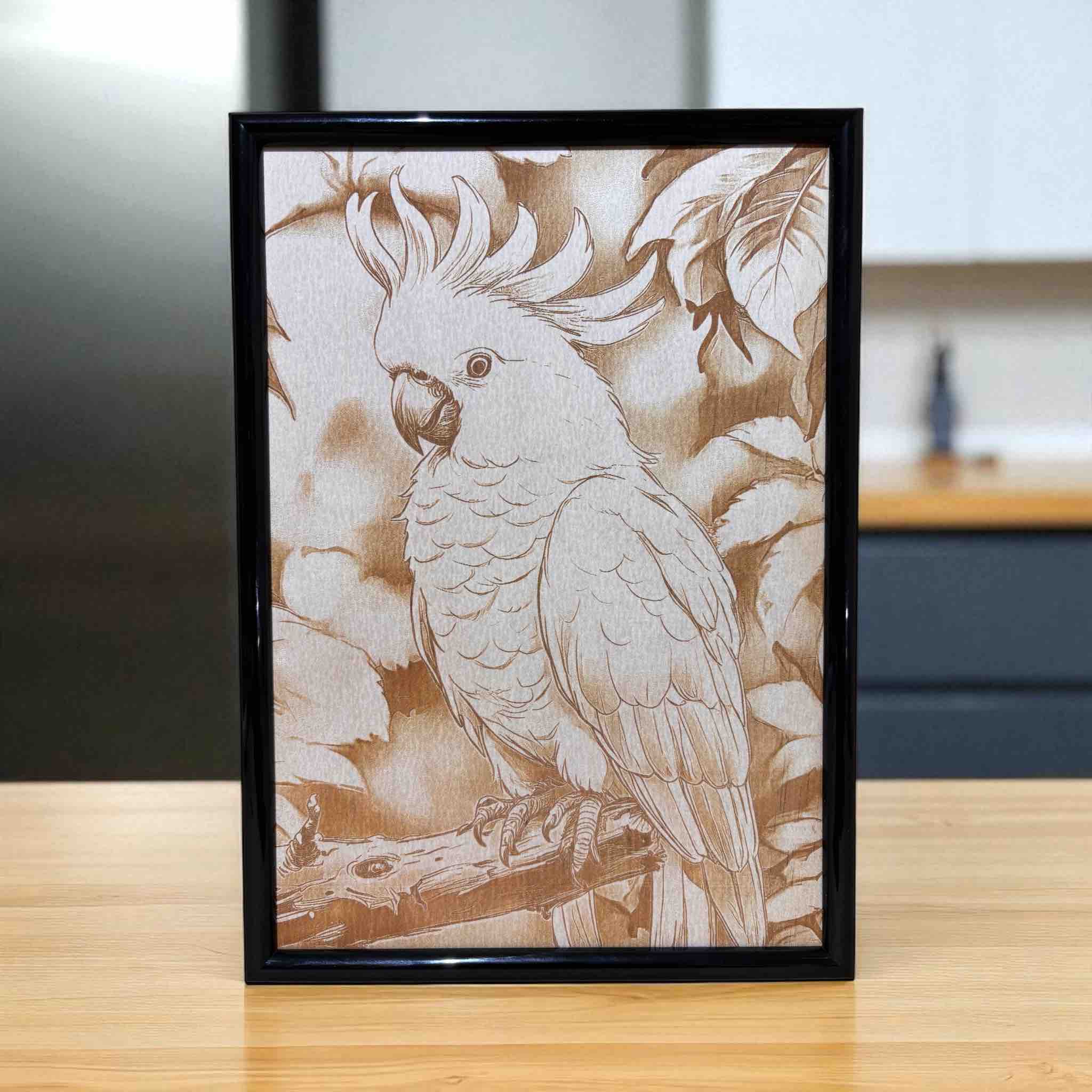 Australian cockatoo wood engraved art framed decor by Laser Design Creations.