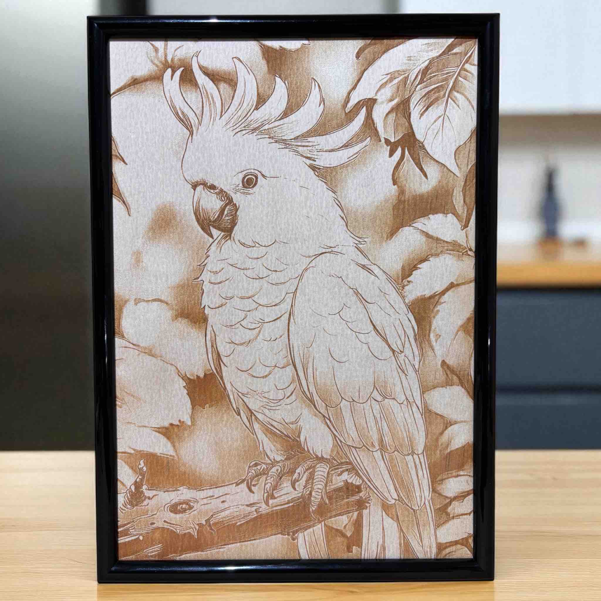Lifestyle photo of Australian cockatoo wood engraved art by Laser Design Creations.