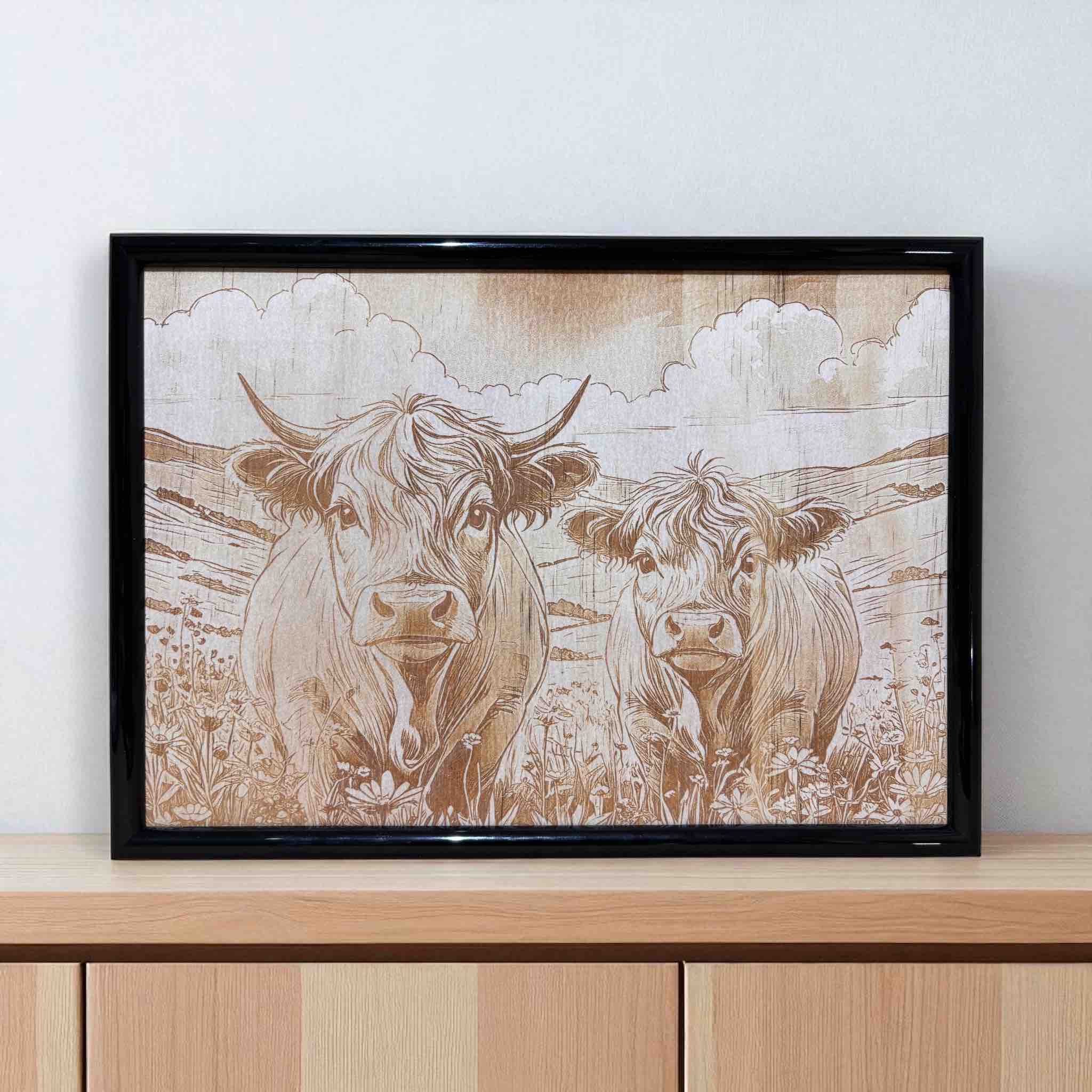 Highland cows duo wood engraved art framed decor by Laser Design Creations.