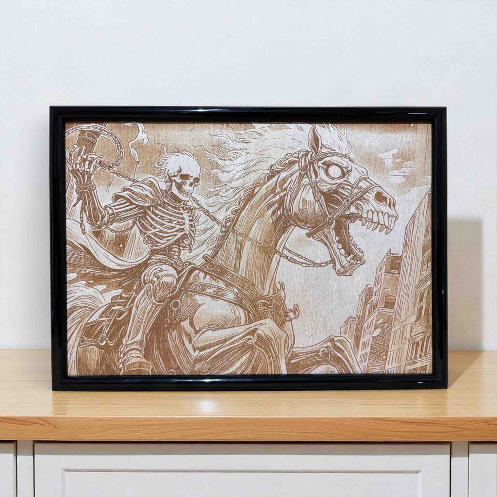 Skeleton rider on horse wood engraved art by Laser Design Creations, framed gothic fantasy decor.